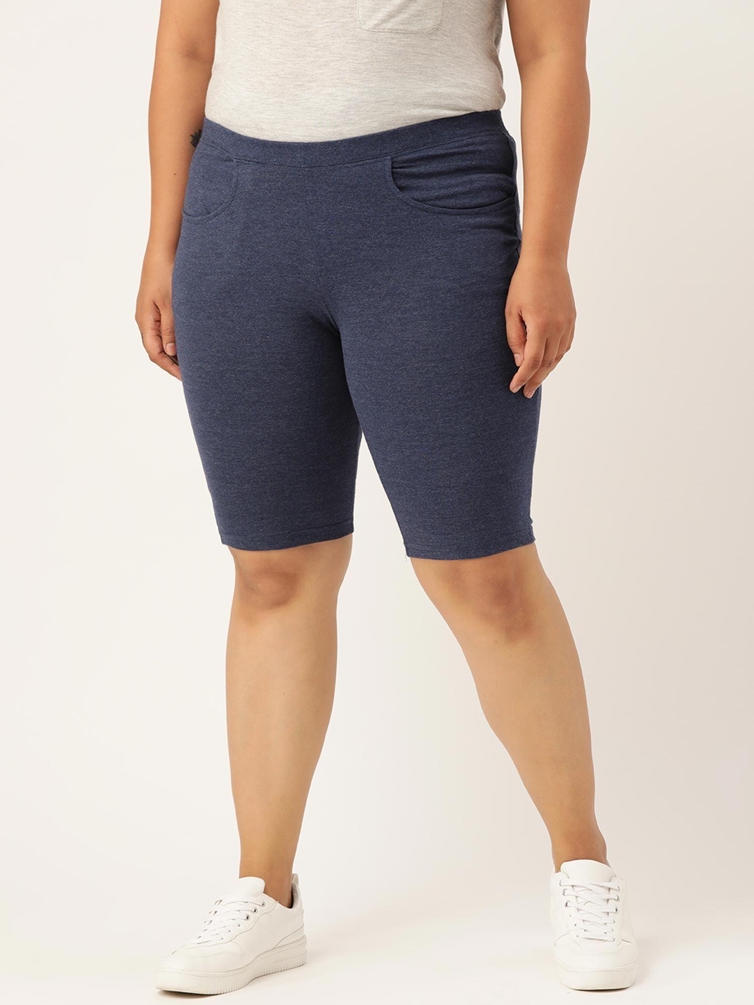 plus size womens melange blue solid cotton shorts