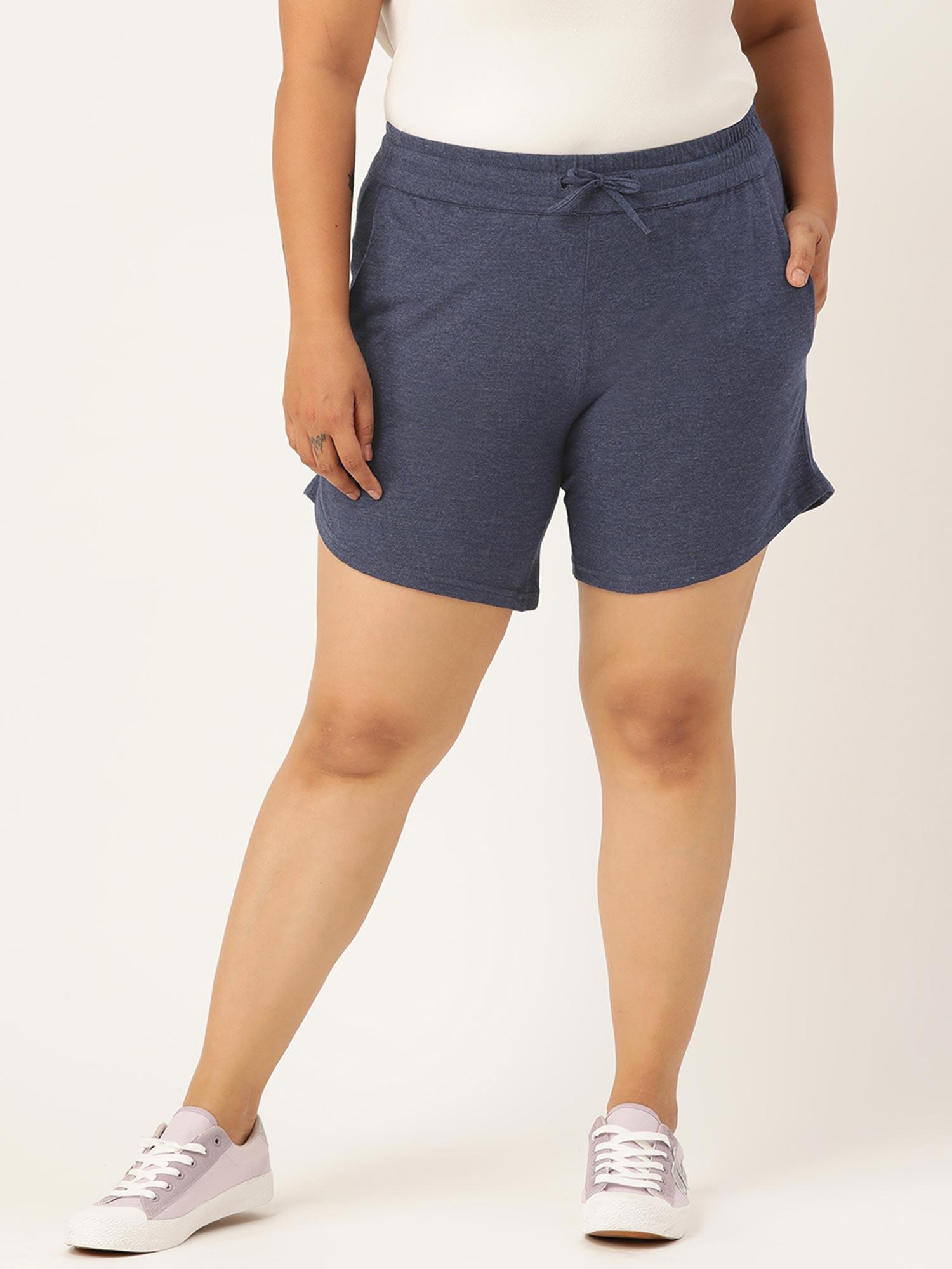 plus size womens melange blue solid pure cotton regular shorts