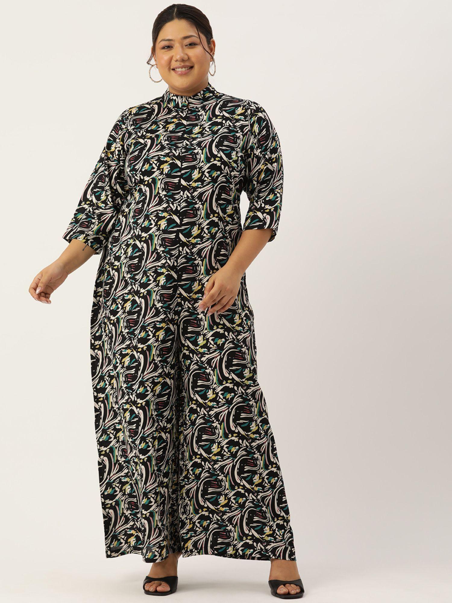 plus size womens multicolor abstract printed mandarin collar jumpsuit