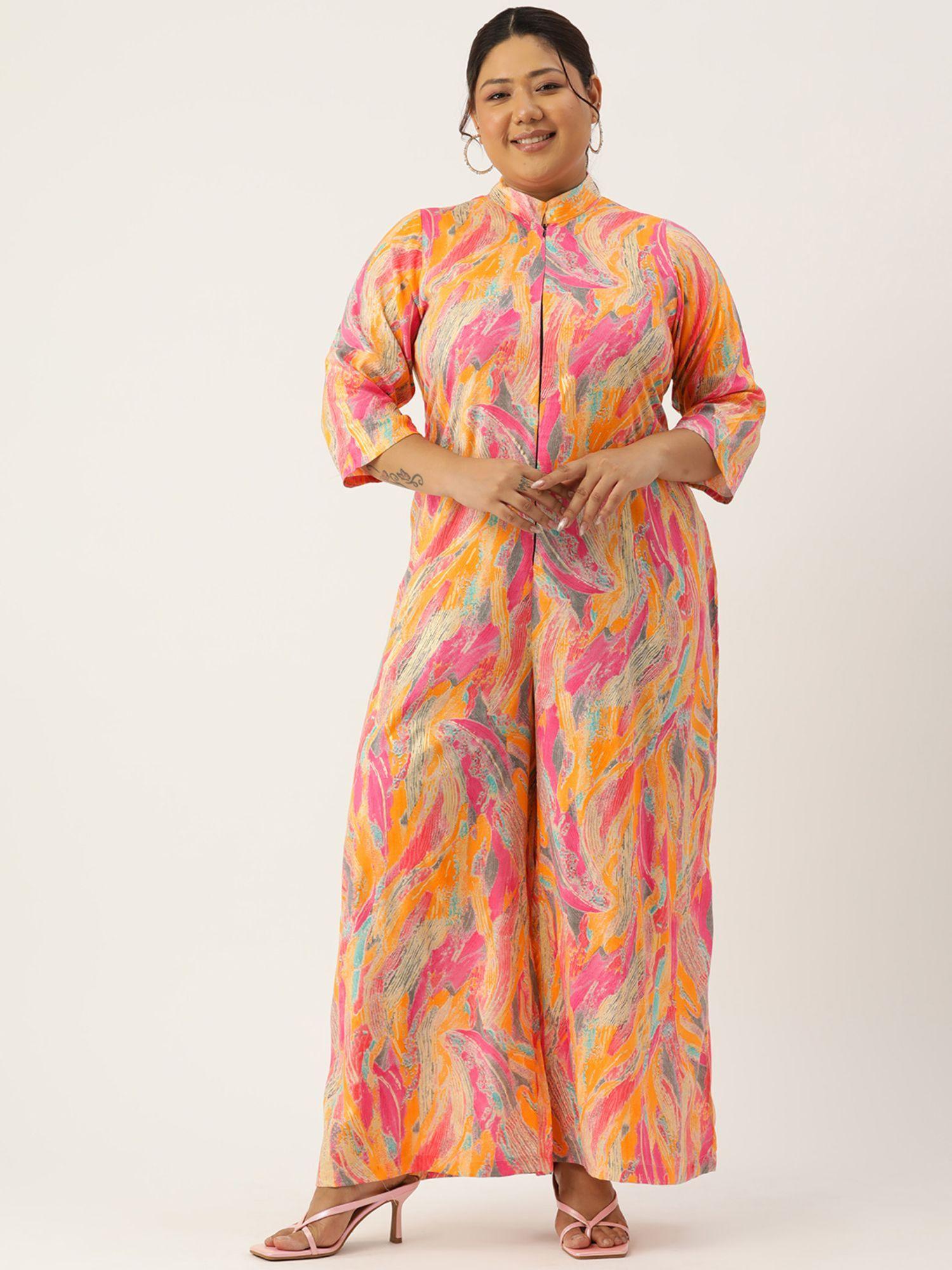 plus size womens multicolor foil printed mandarin collar jumpsuit