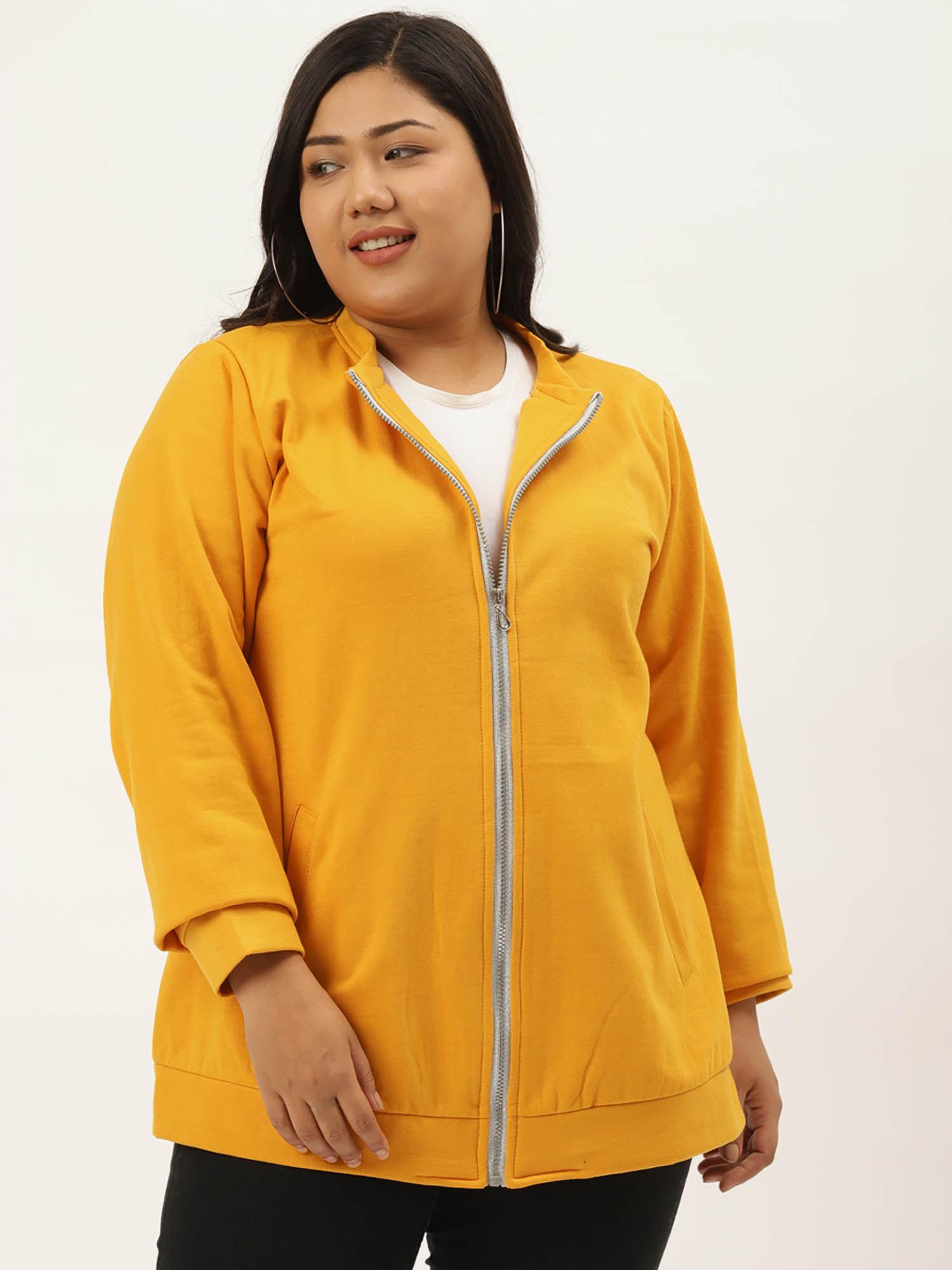 plus size womens mustard solid color bomber fleece jacket