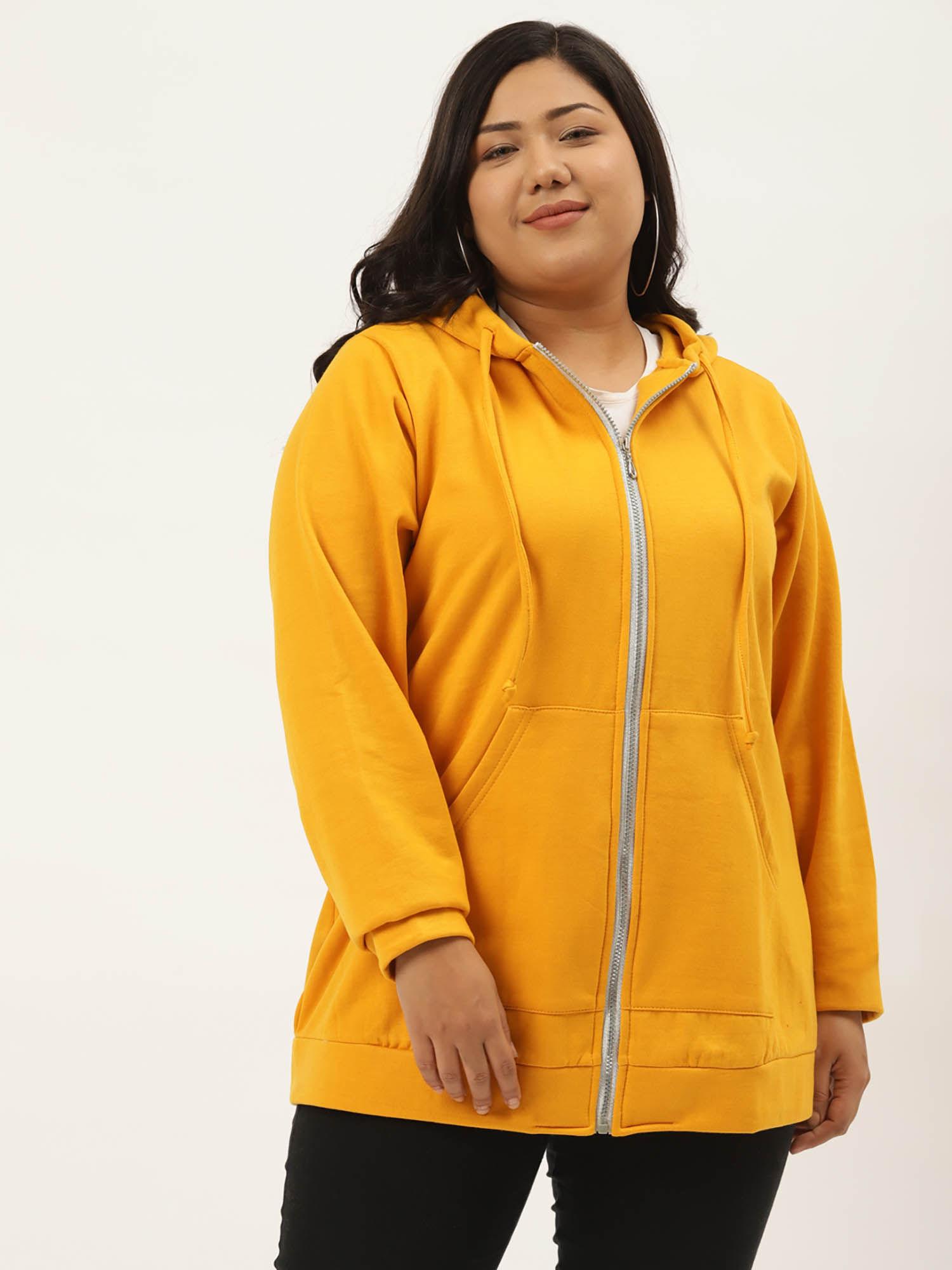 plus size womens mustard solid color hooded fleece jacket