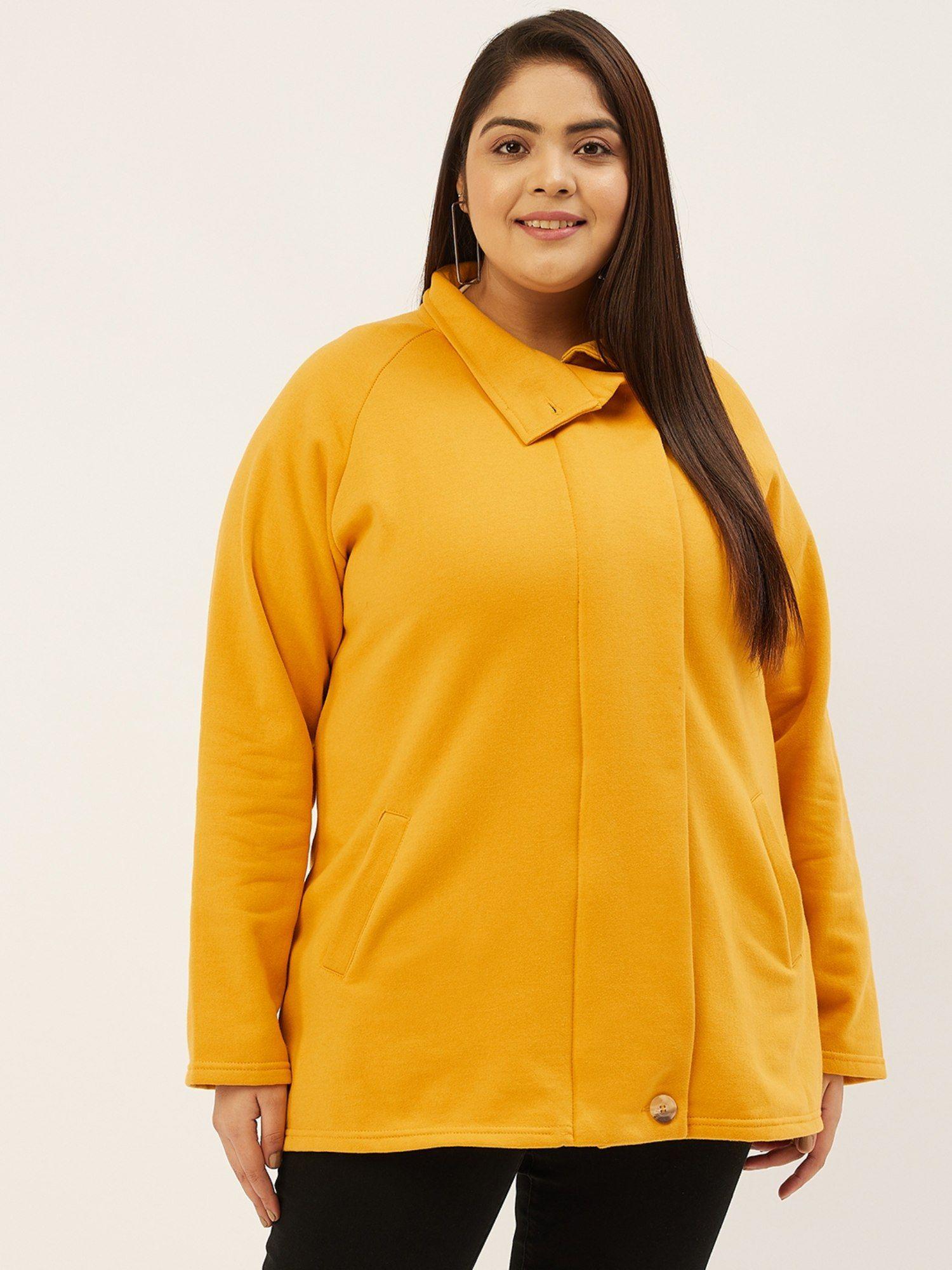 plus size womens mustard solid color longline tailored winter jacket