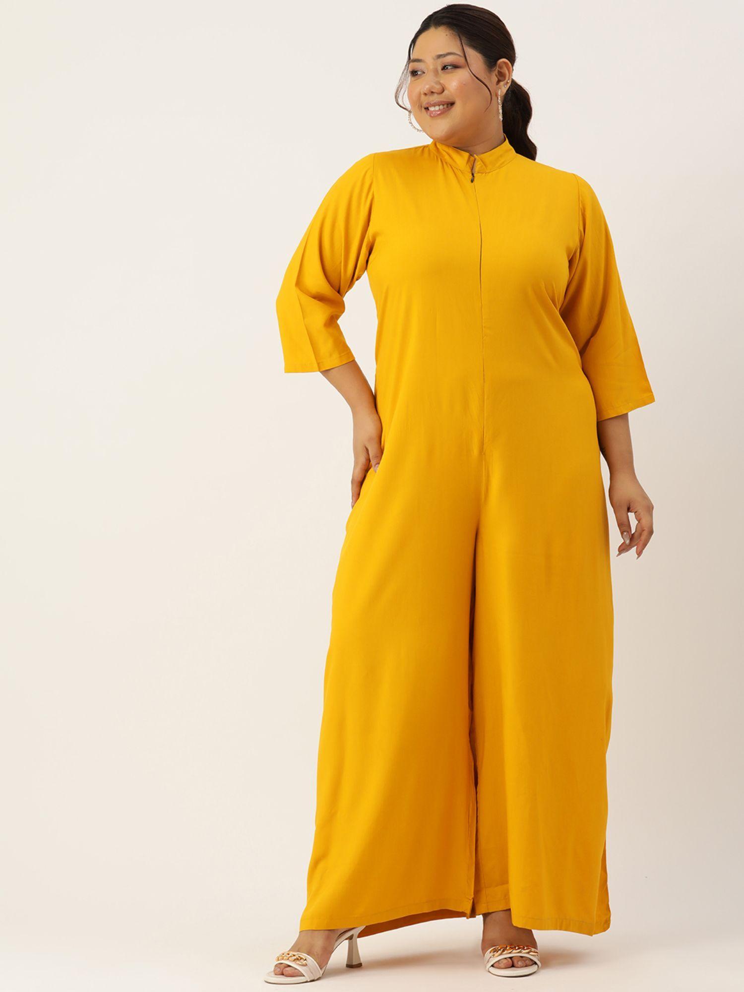 plus size womens mustard solid color mandarin collar jumpsuit