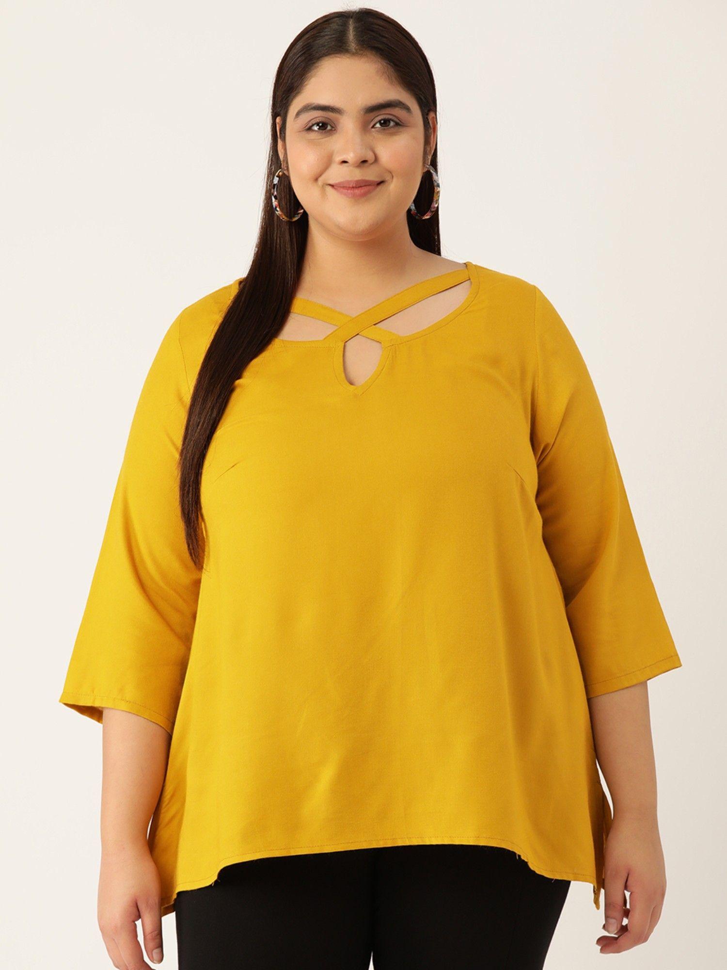 plus size womens mustard solid color neck cut out detail woven top