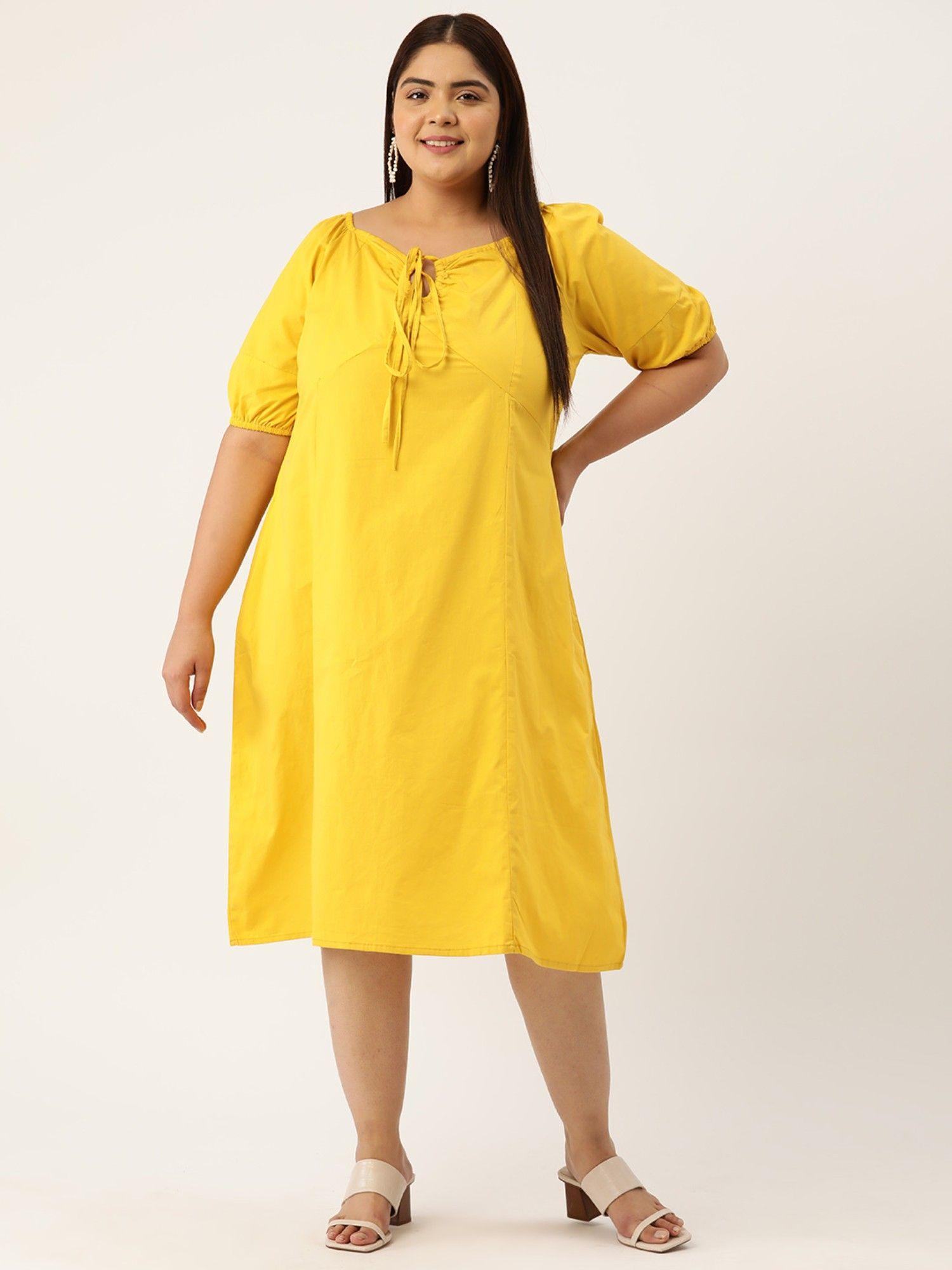 plus size womens mustard solid color neck tie-up cotton dress