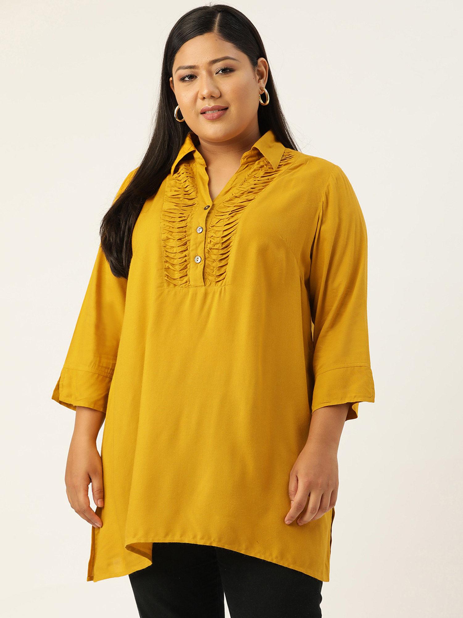 plus size womens mustard solid colour shirt collar tunic top