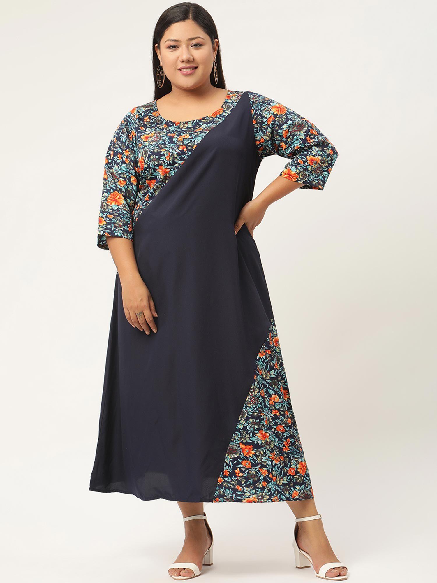 plus size womens navy blue & orange floral crepe a-line midi dress