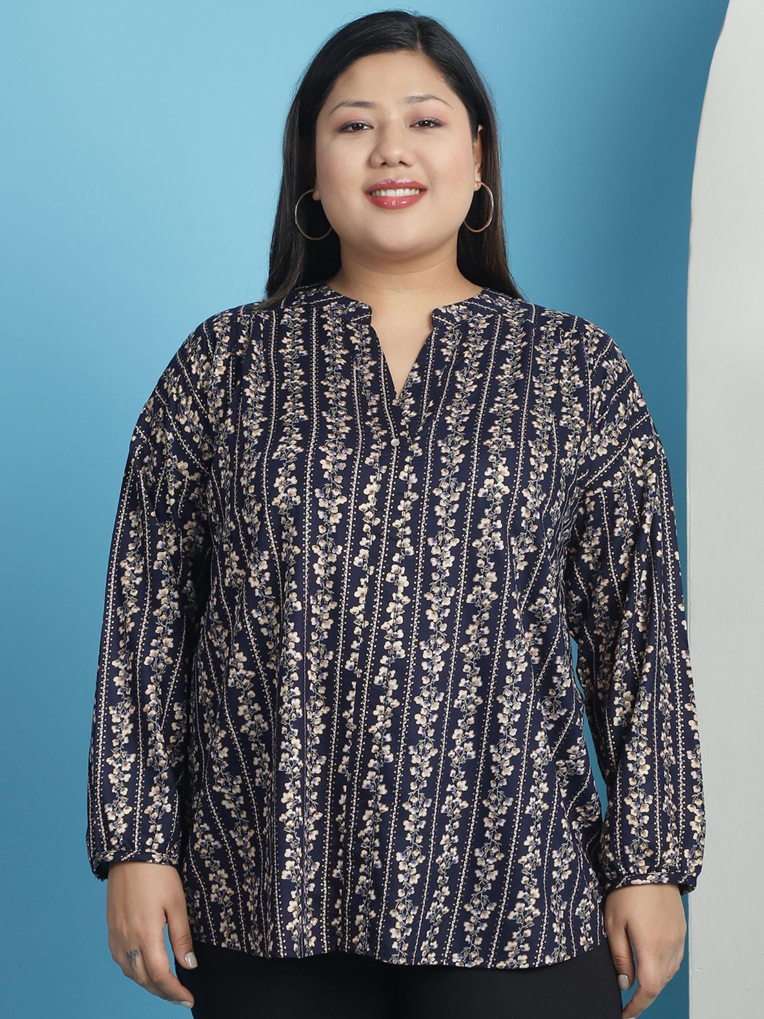 plus size womens navy blue floral print mandarin collar tunic