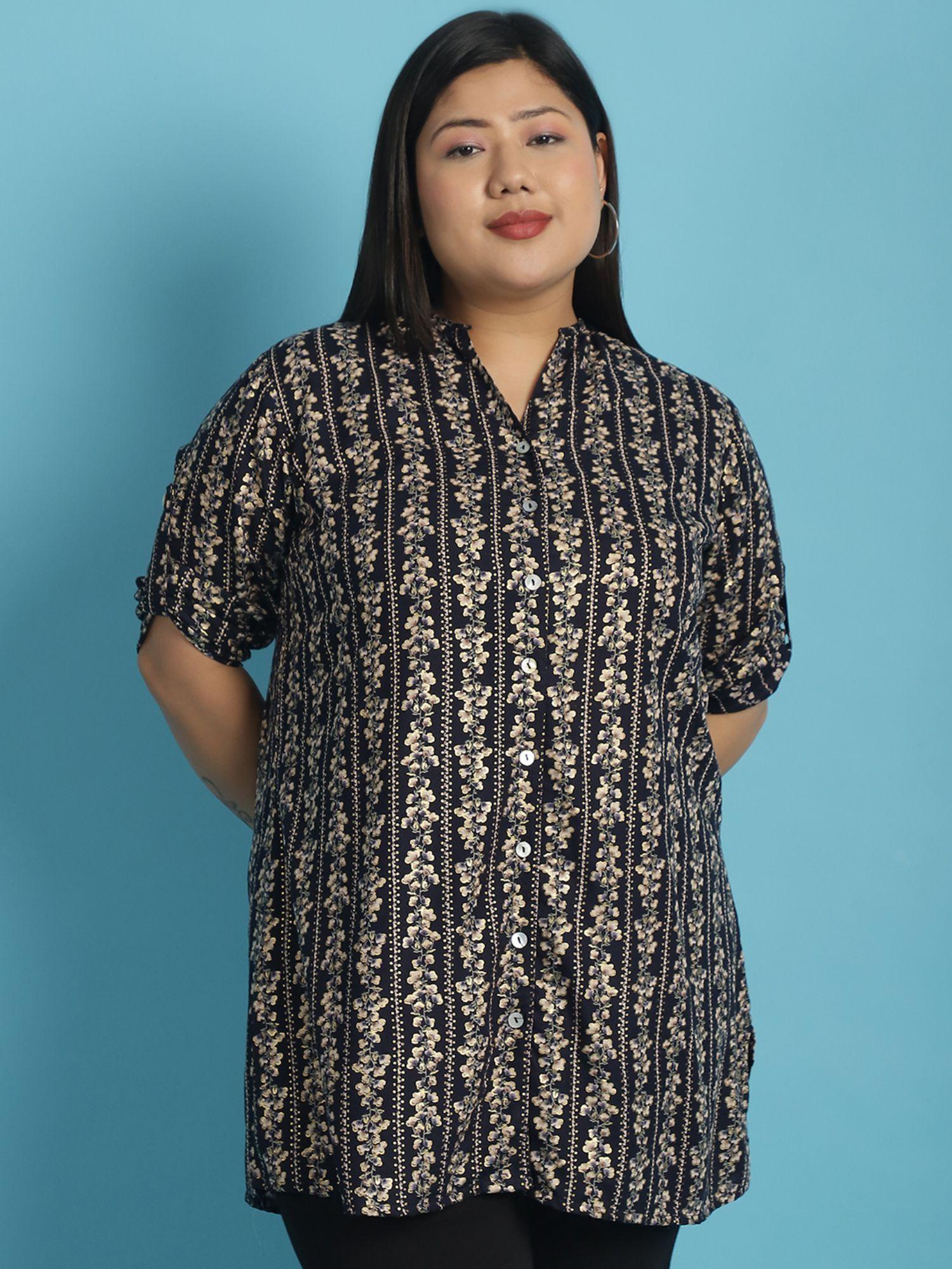 plus size womens navy blue floral printed tunic