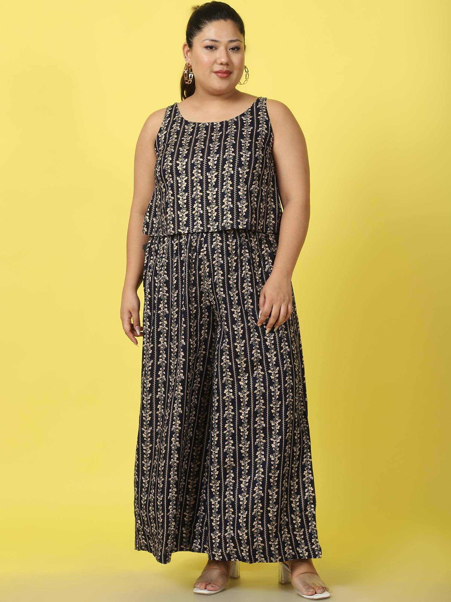 plus size womens navy blue gold foil printed co-ord (set of 2)