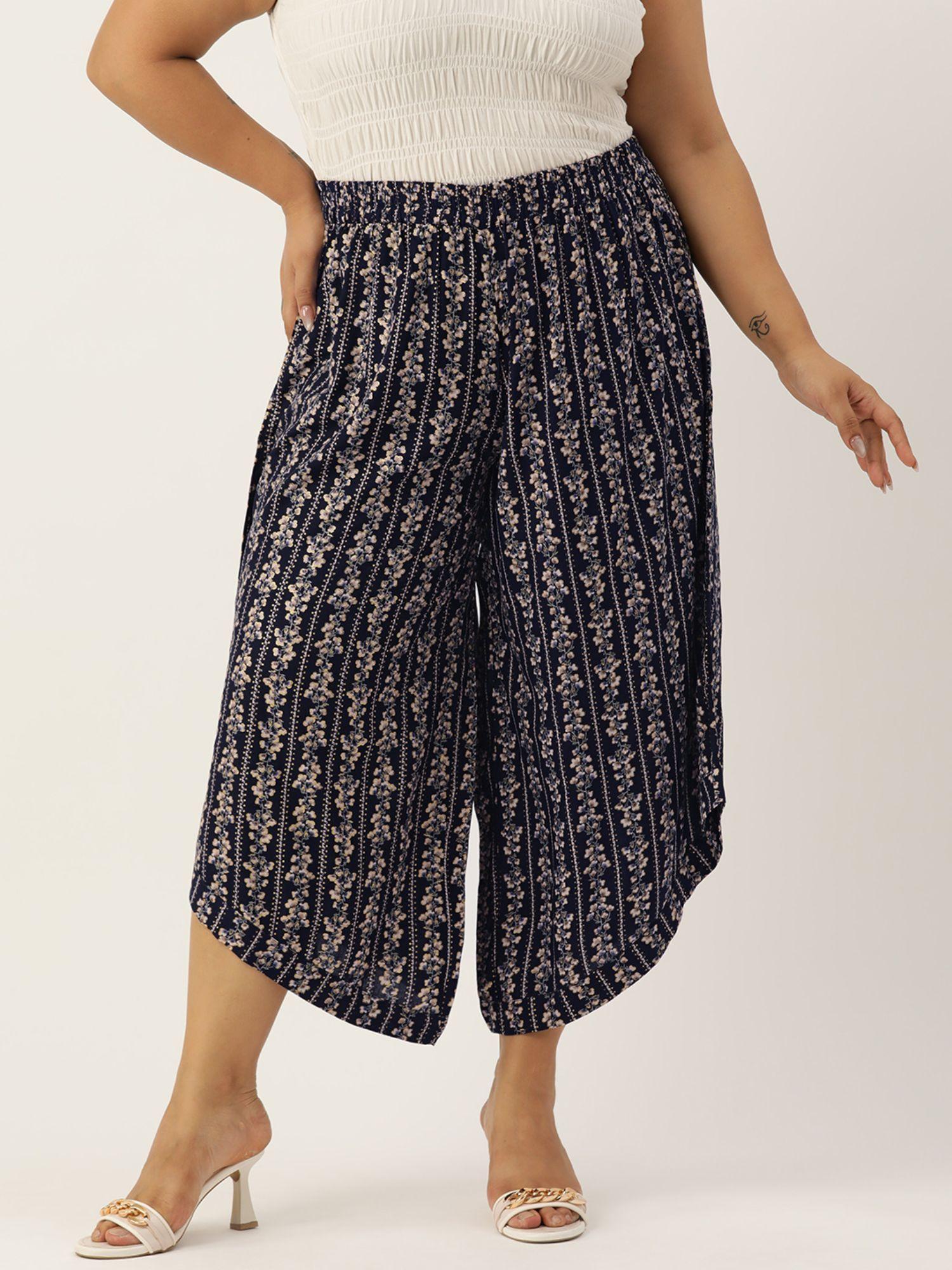 plus size womens navy blue gold foil printed high-rise relaxed culottes