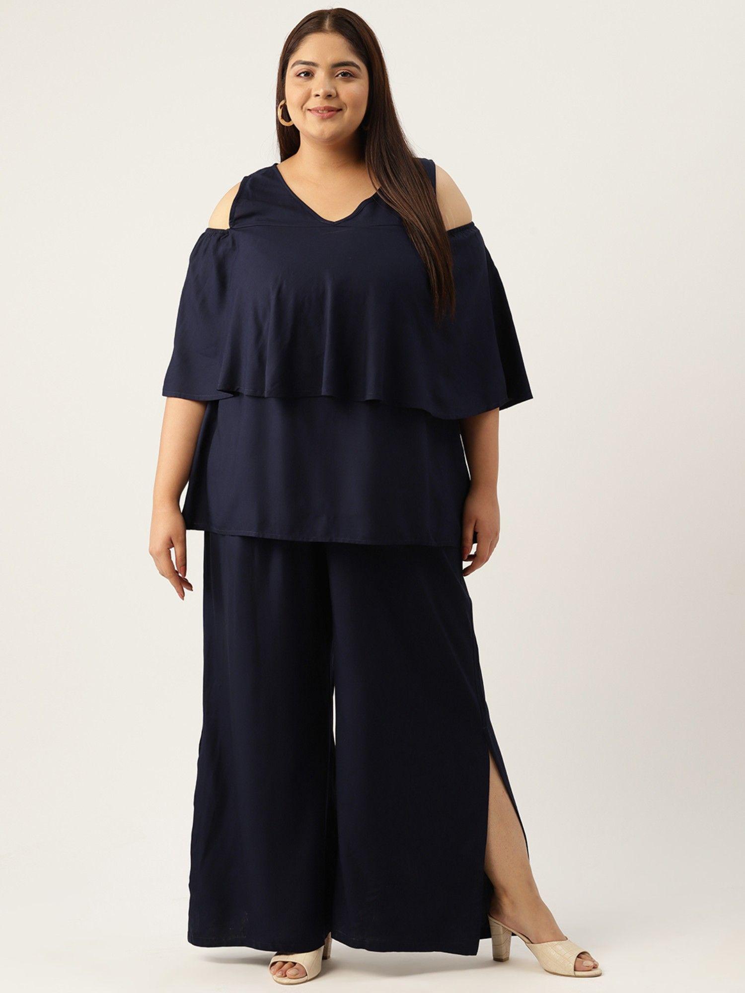 plus size womens navy blue solid cold shoulder top with palazzo (set of 2)