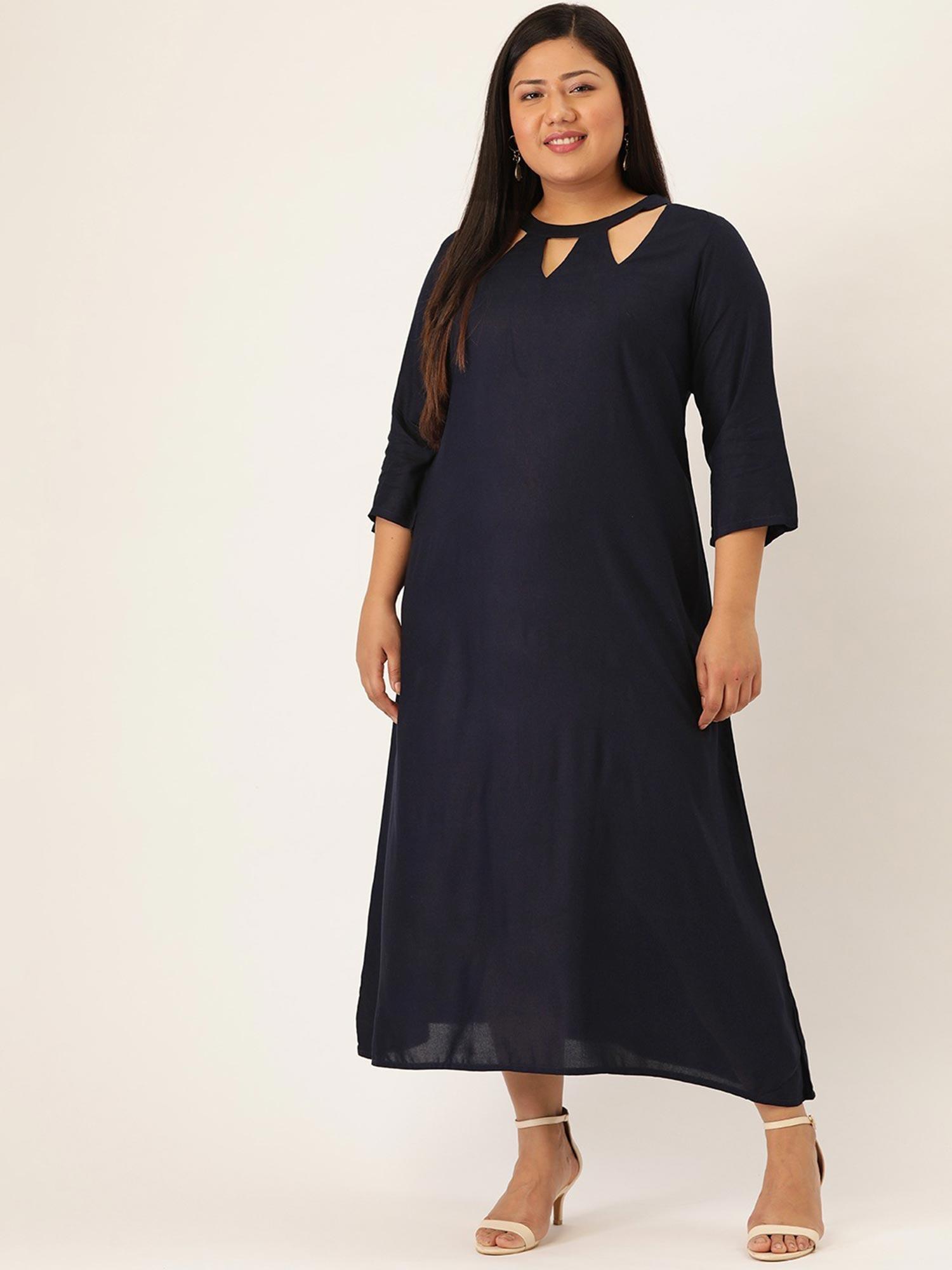 plus size womens navy blue solid color a-line midi dress