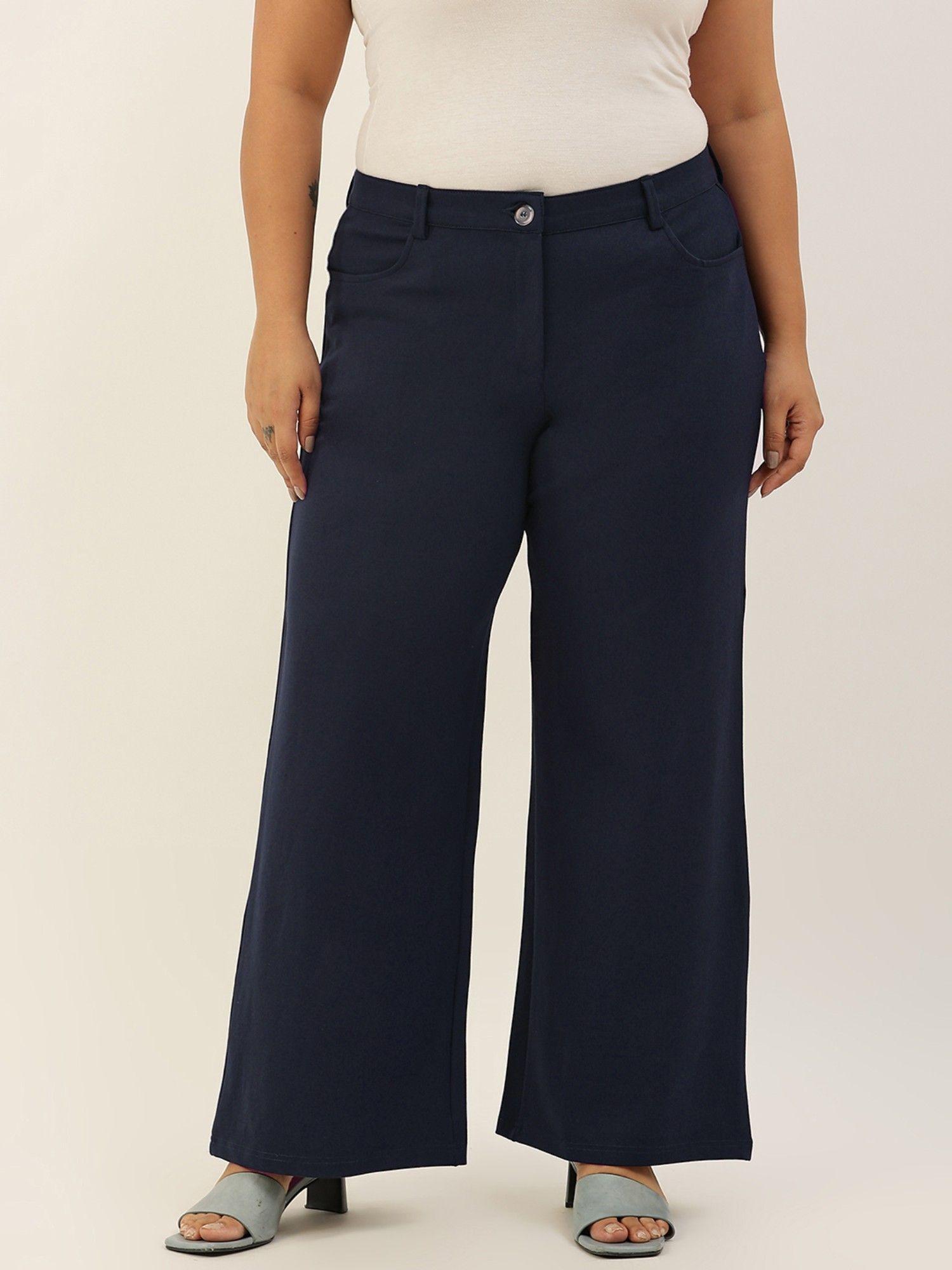 plus size womens navy blue solid color cotton knitted trouser