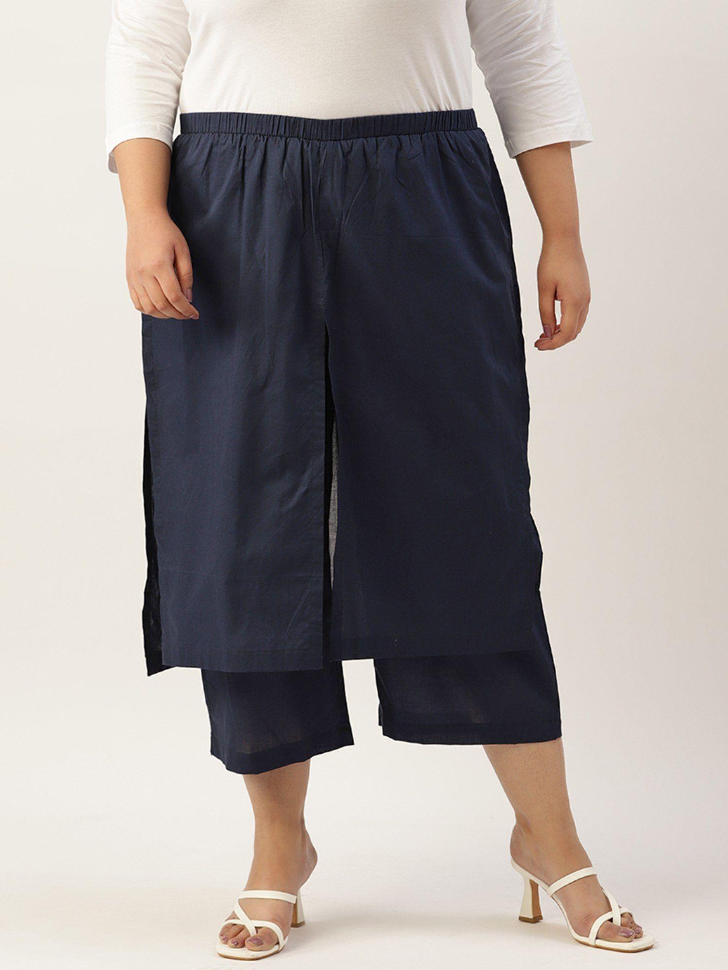 plus size womens navy blue solid color cropped high rise trouser