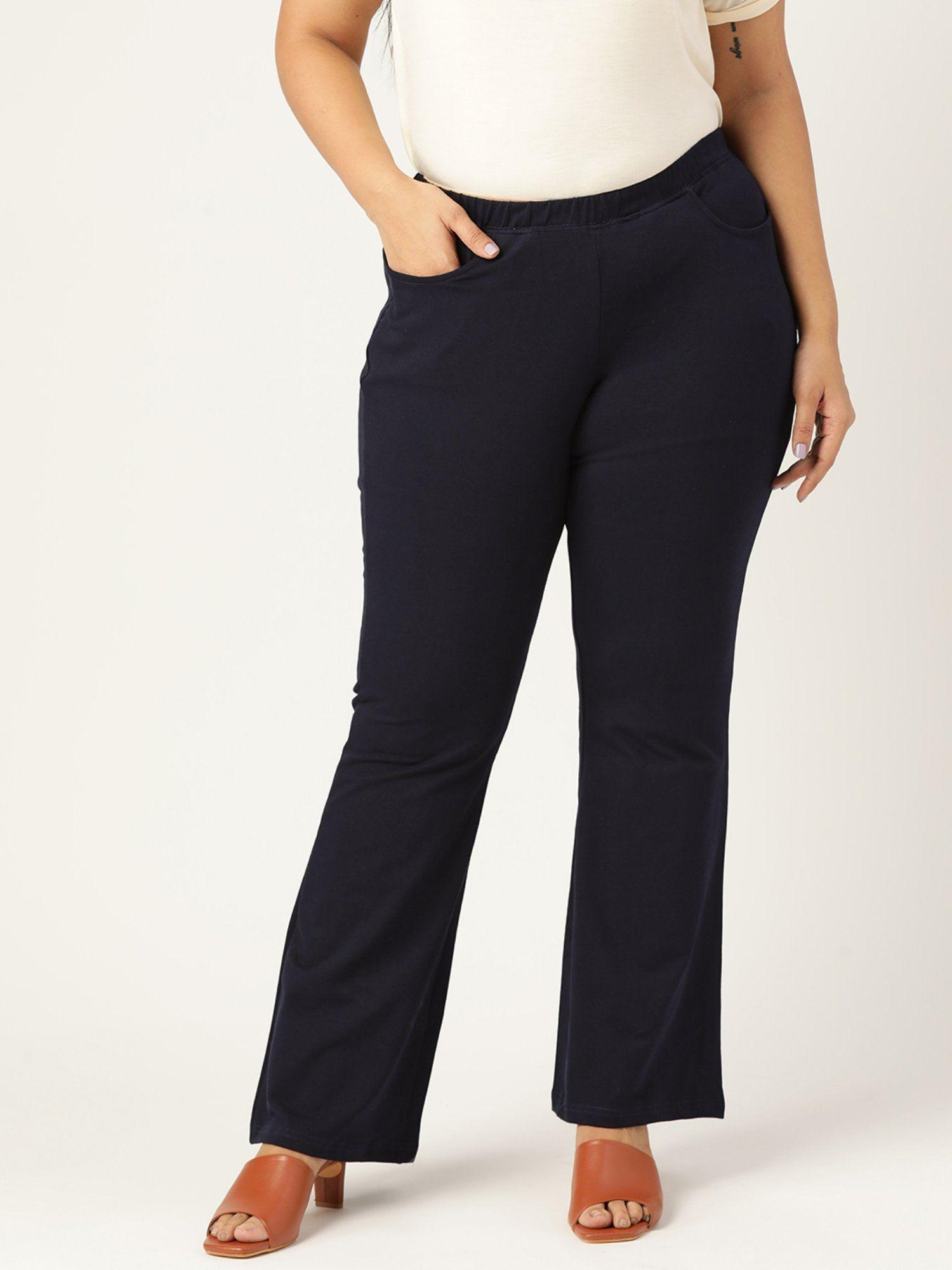 plus size womens navy blue solid color elastic waist cotton knitted trouser