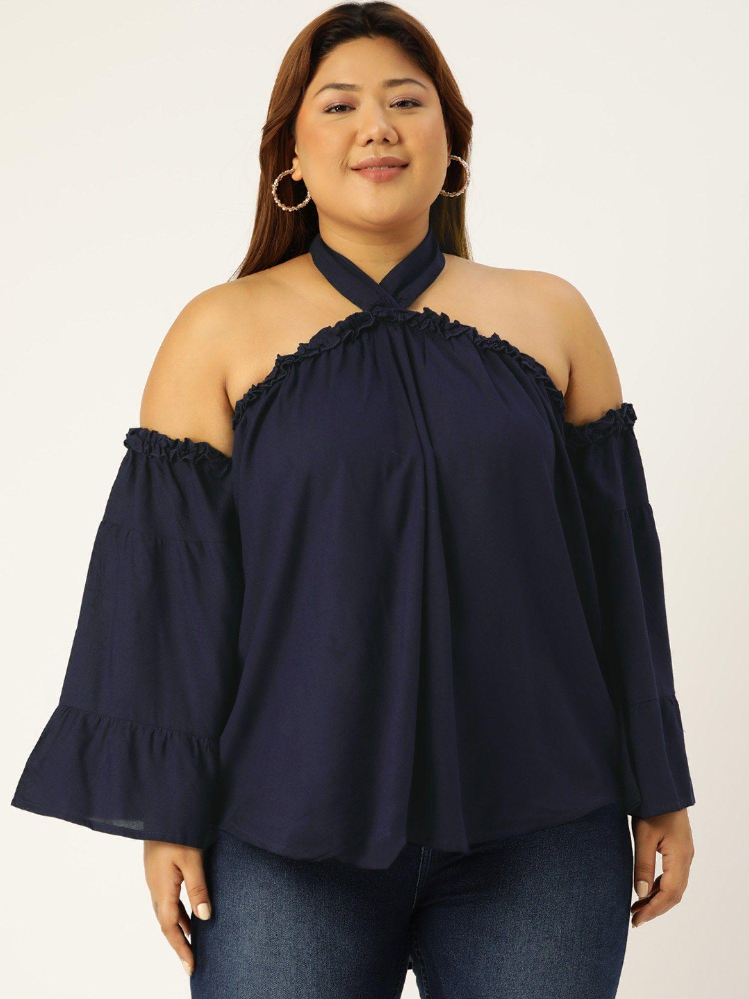 plus size womens navy blue solid color halter neck woven top