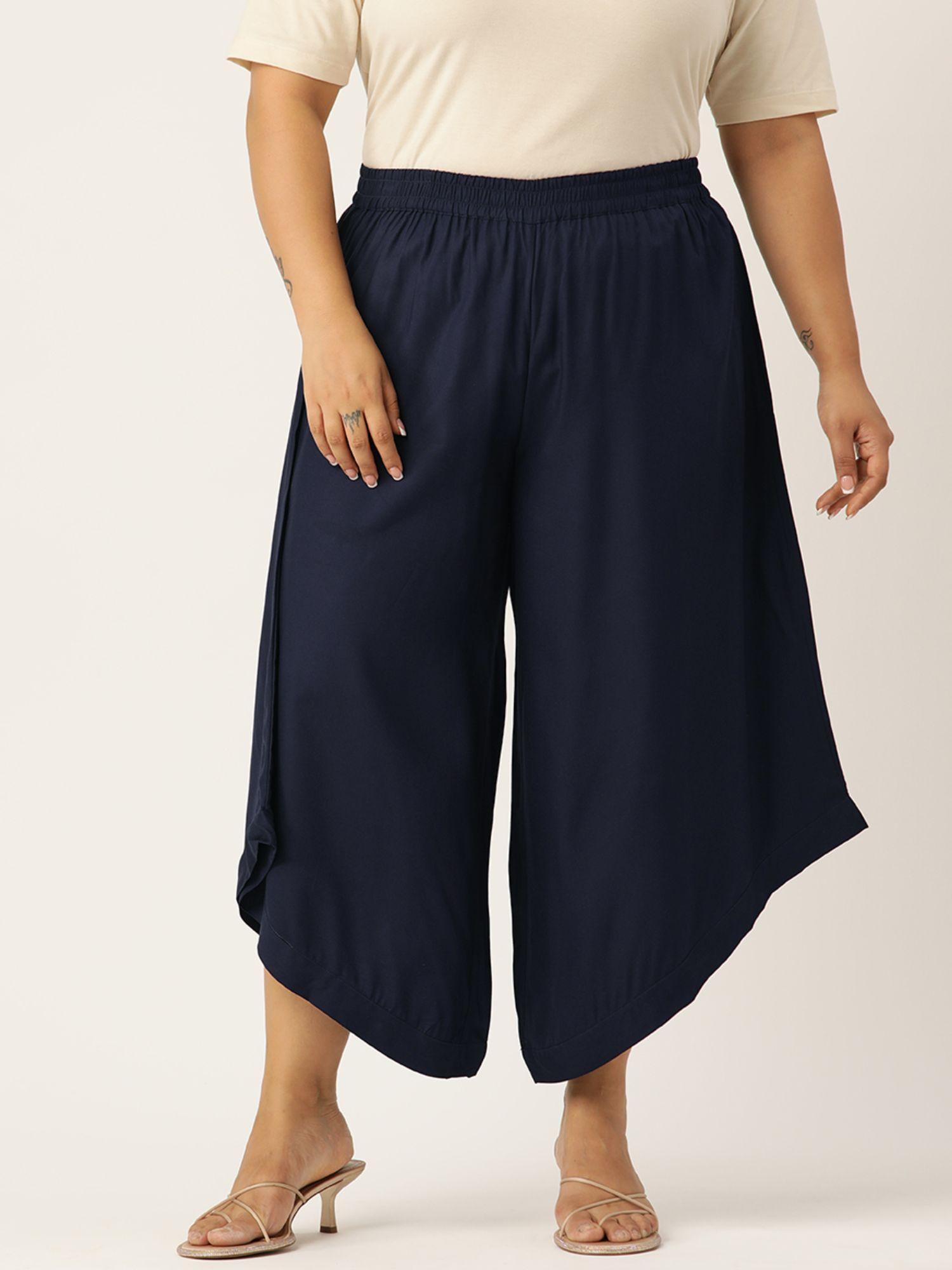 plus size womens navy blue solid color high-rise relaxed culottes