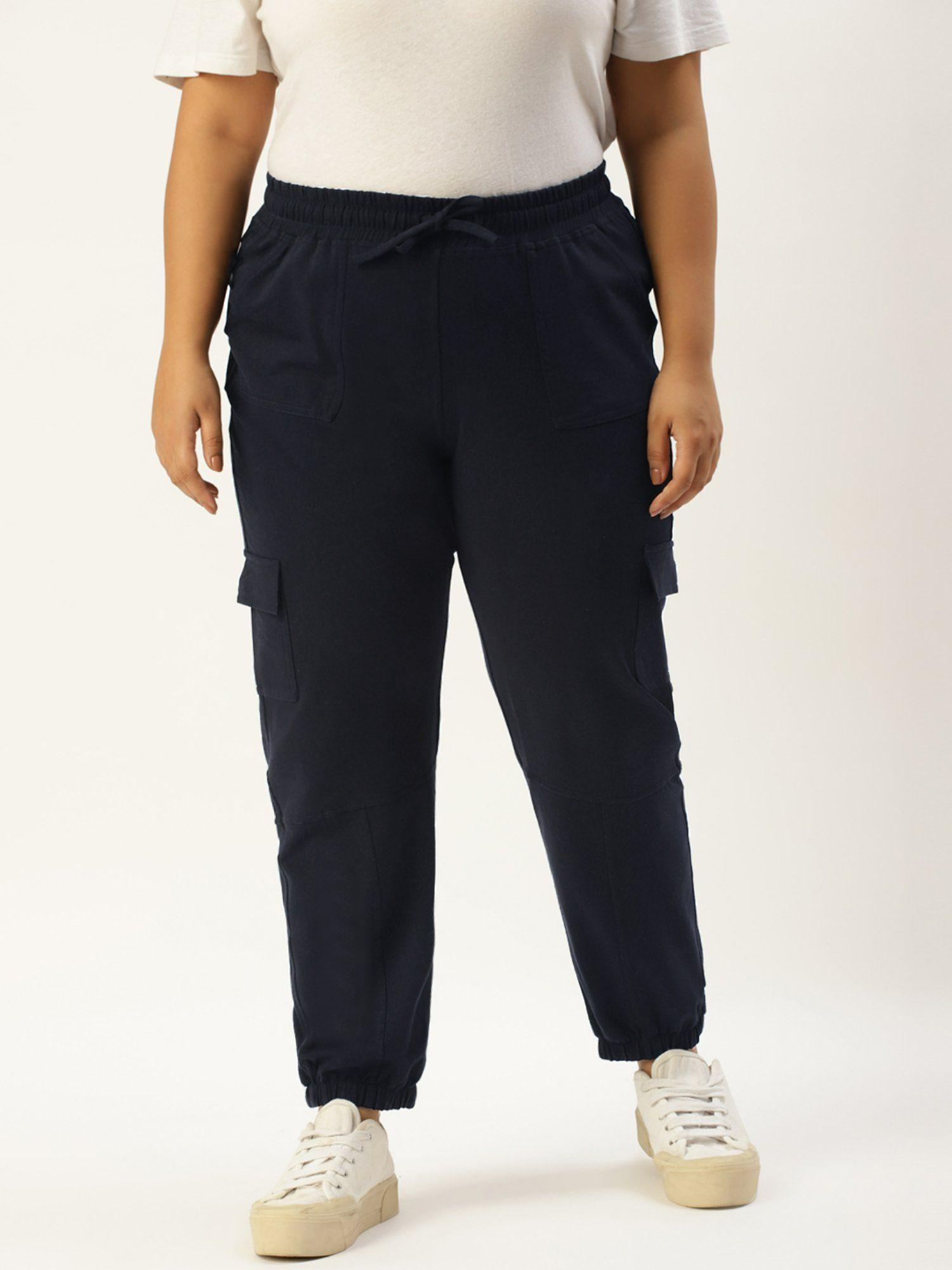 plus size womens navy blue solid color knitted cargo trouser