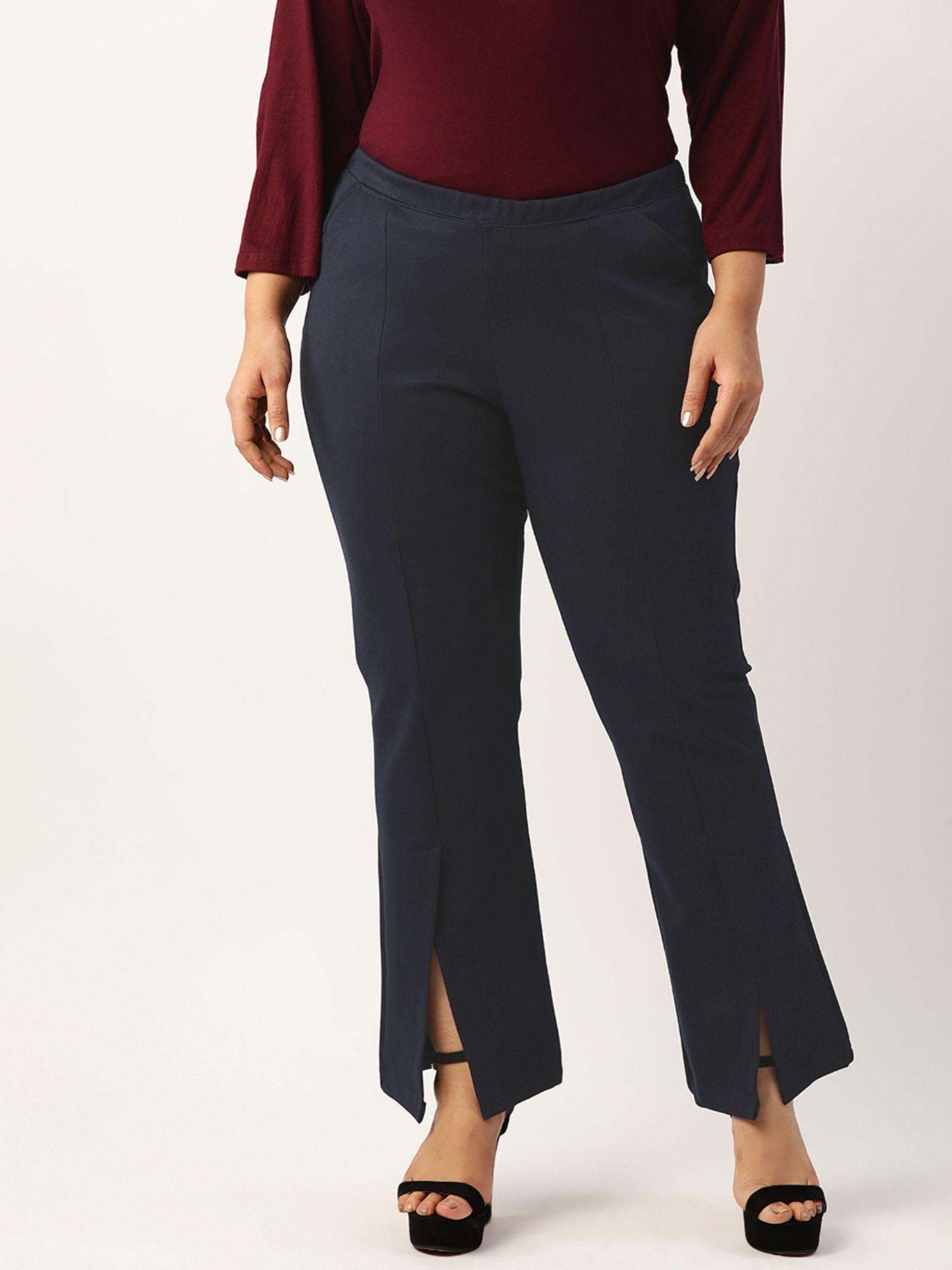 plus size womens navy blue solid color knitted high rise trouser