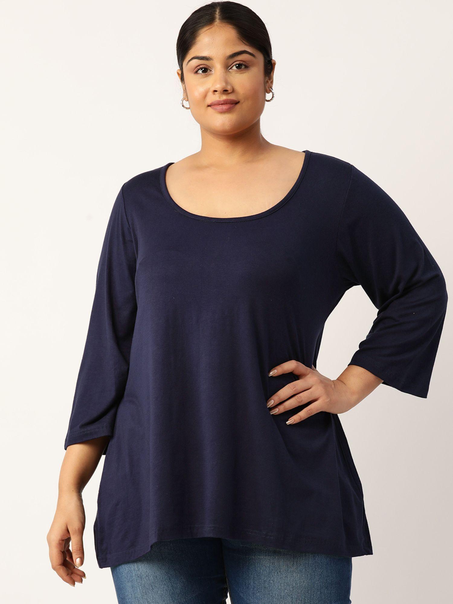 plus size womens navy blue solid color knitted top with tie ups detail