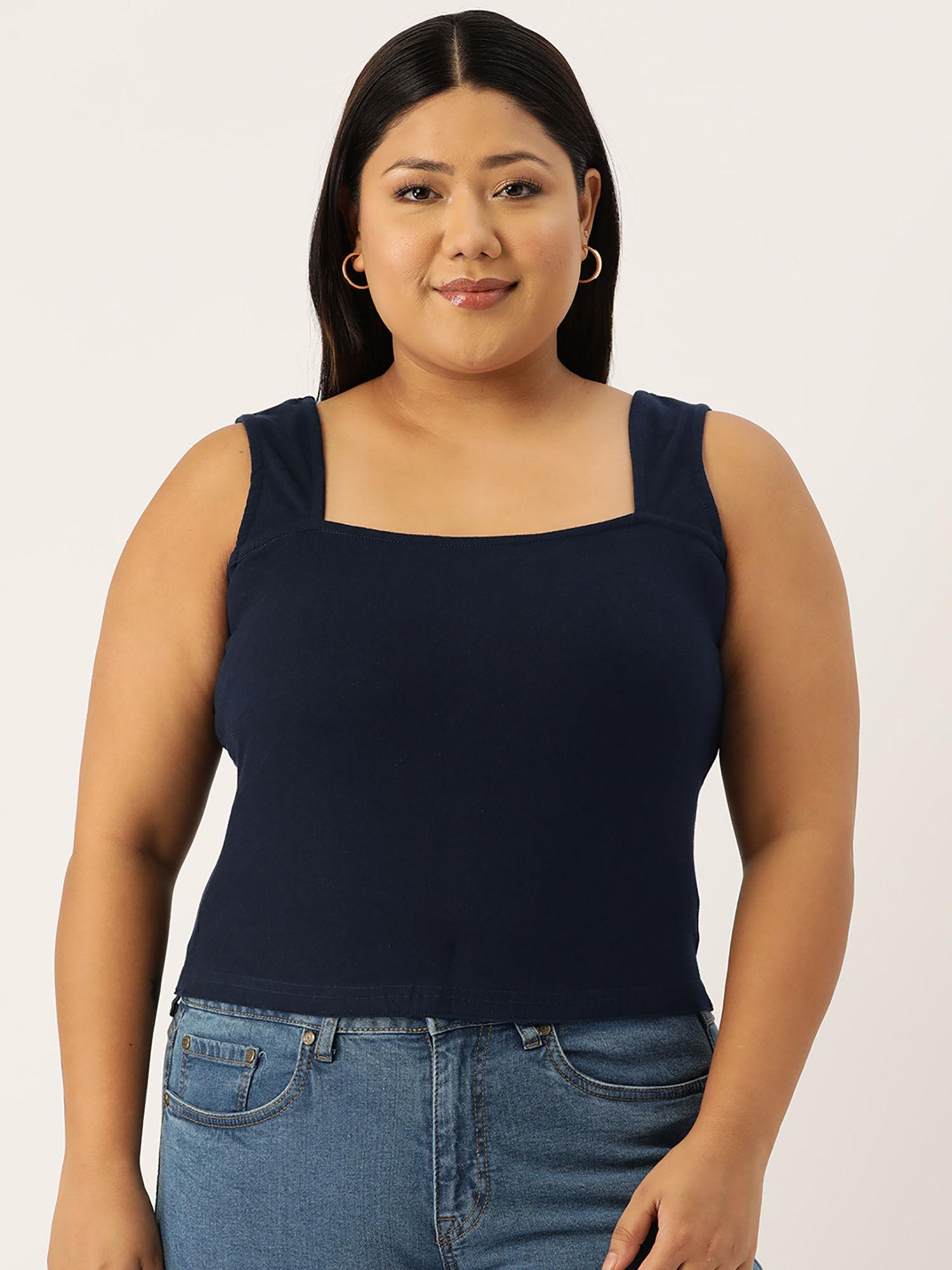 plus size womens navy blue solid color knitted top