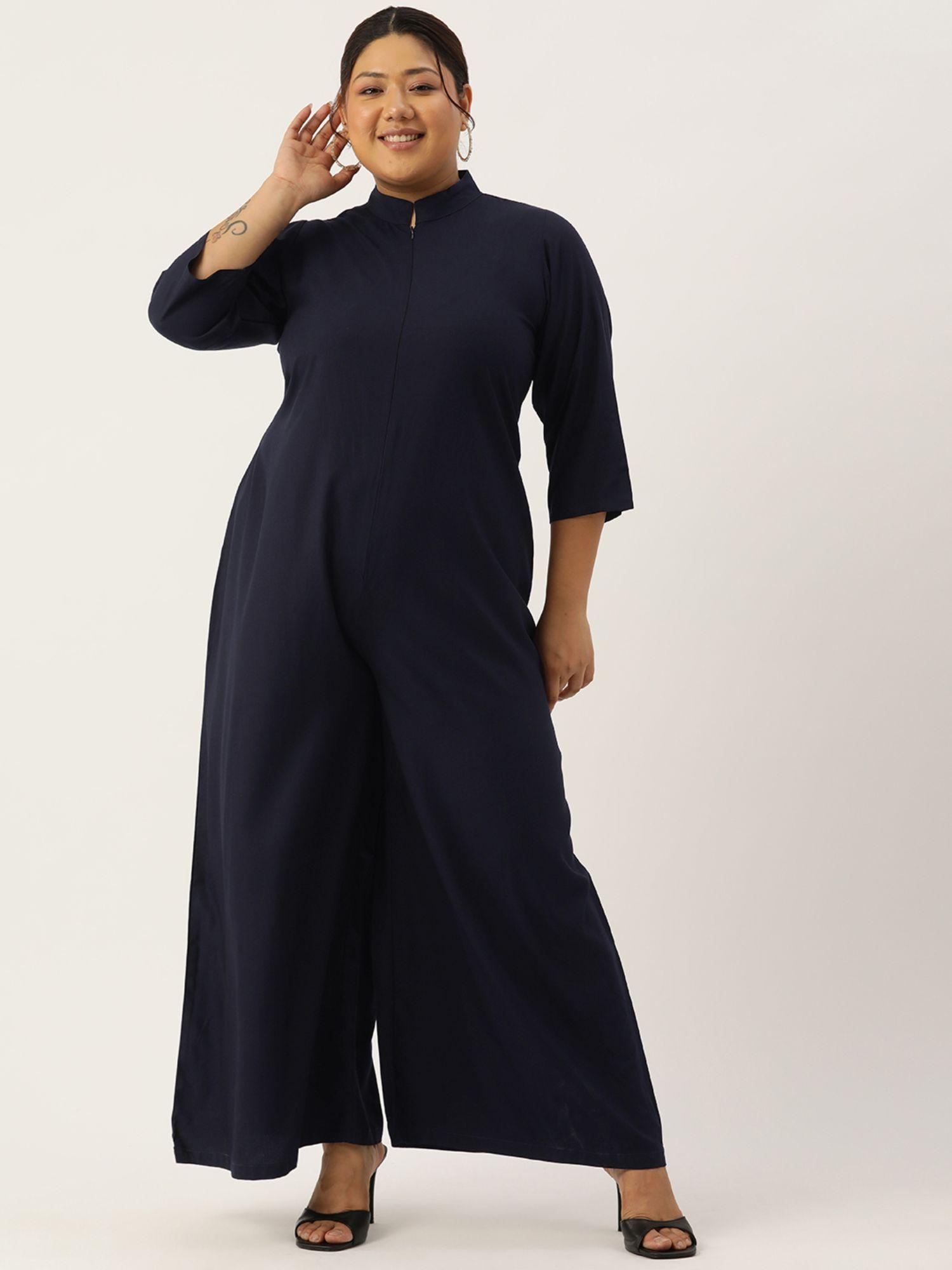 plus size womens navy blue solid color mandarin collar jumpsuit