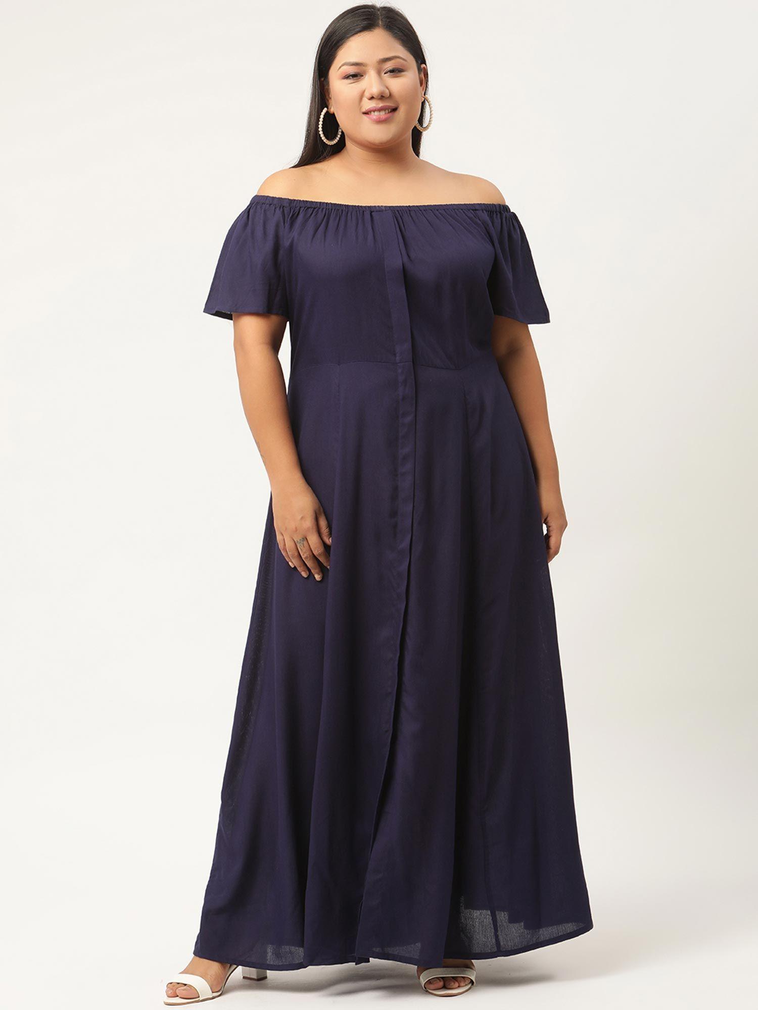 plus size womens navy blue solid color off-shoulder maxi dress