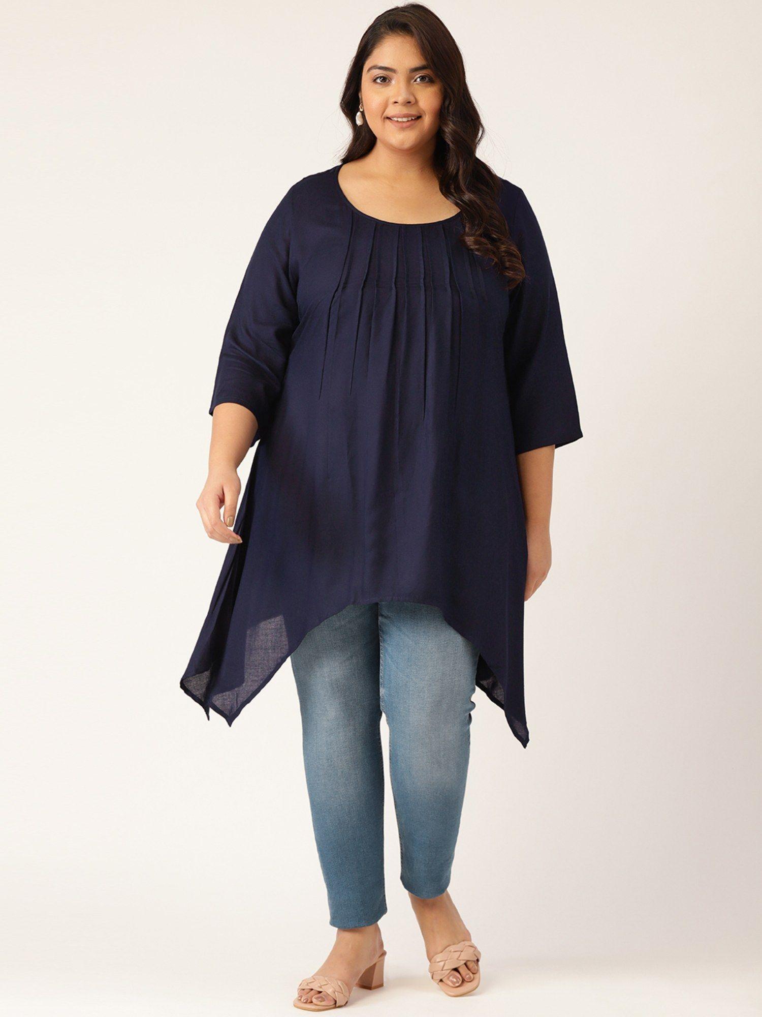 plus size womens navy blue solid color pleated longline top