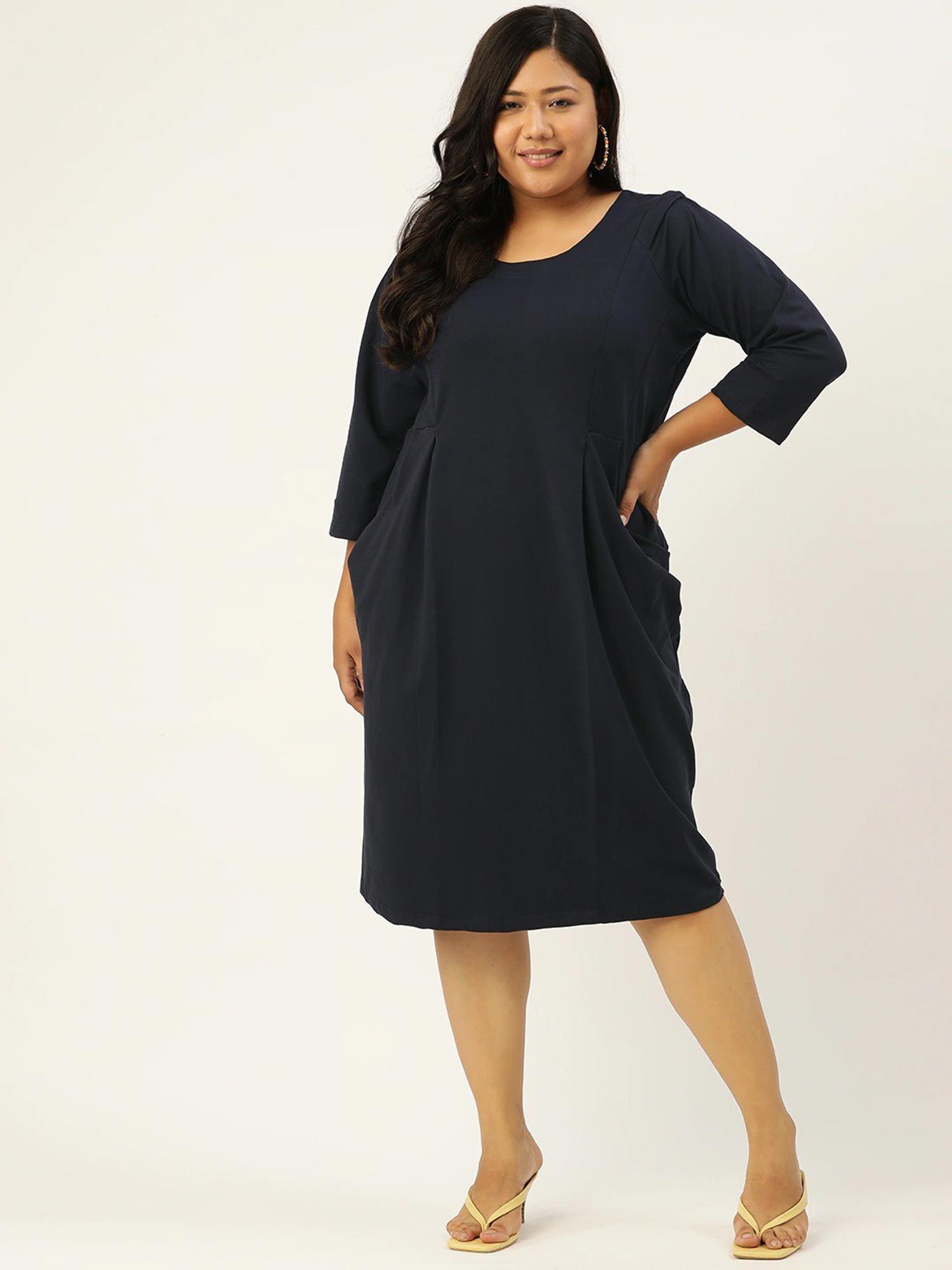 plus size womens navy blue solid color sheath dress