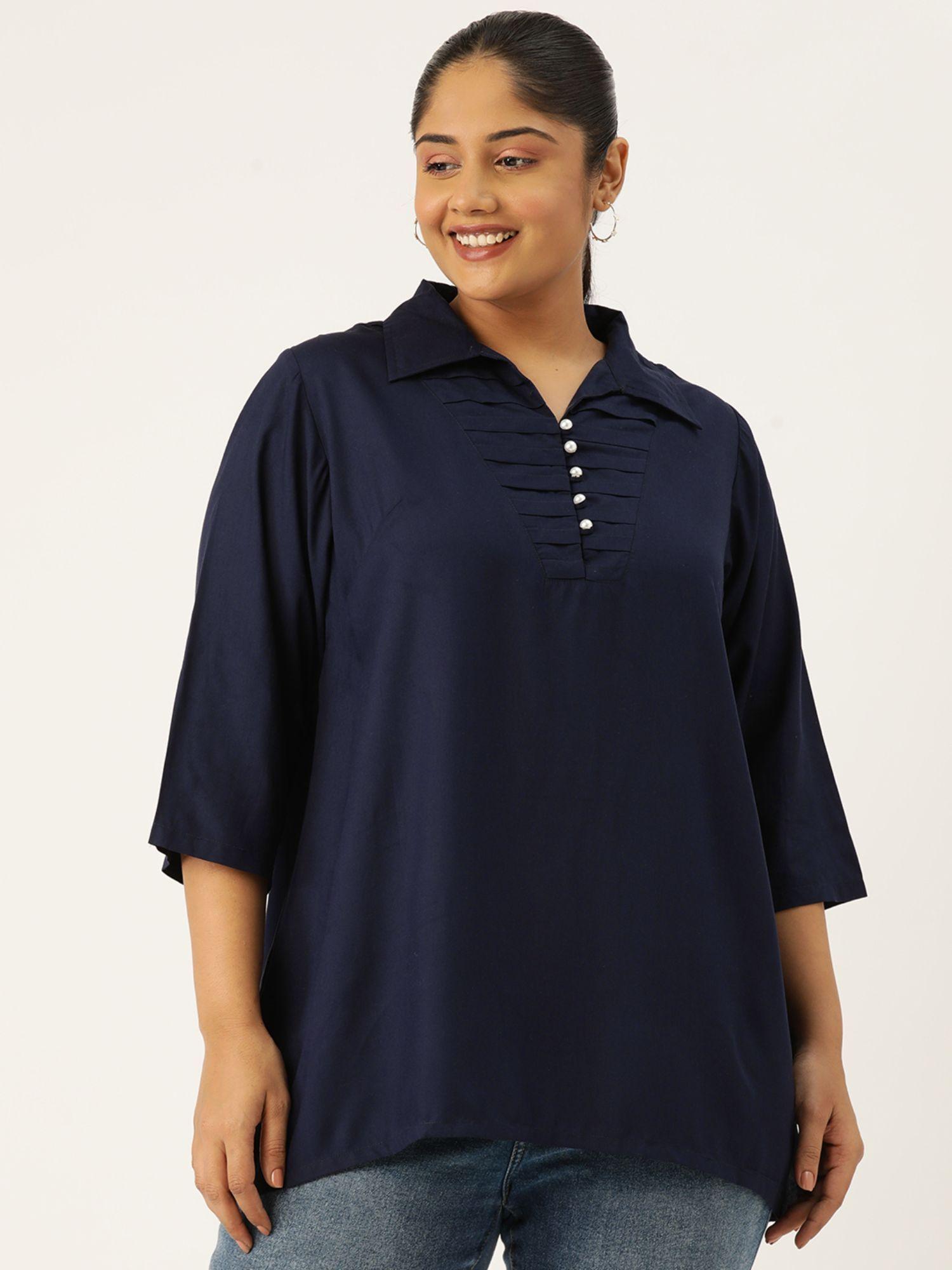 plus size womens navy blue solid color shirt style longline top