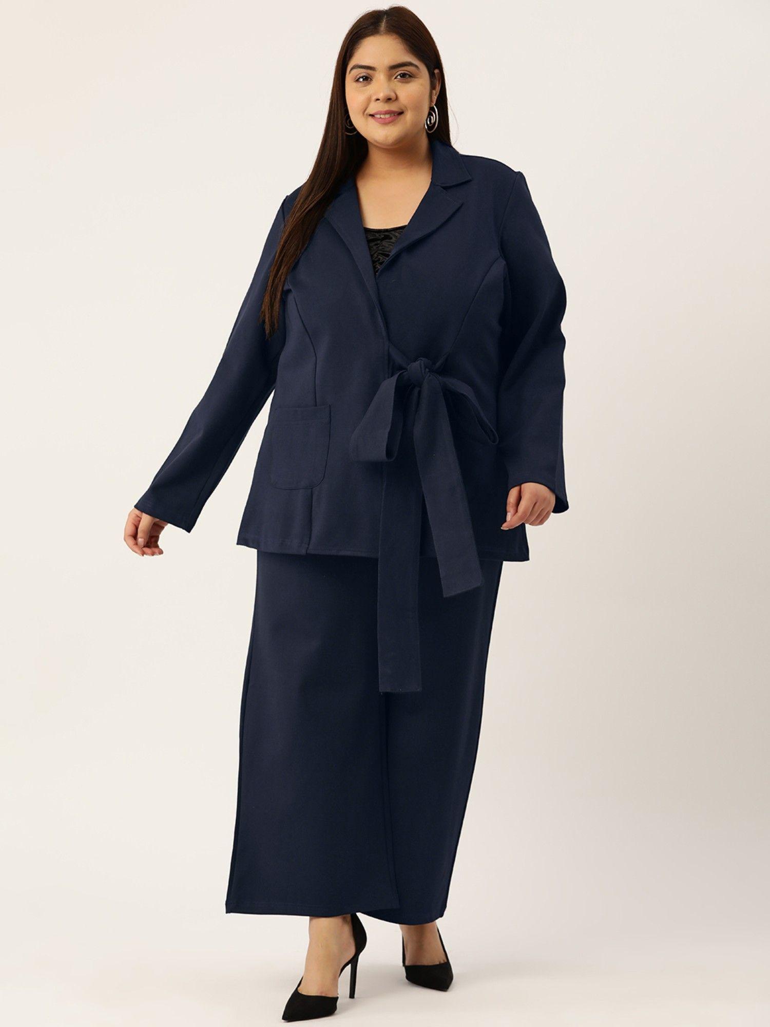 plus size womens navy blue solid color shrug with flared trouser (set of 2)