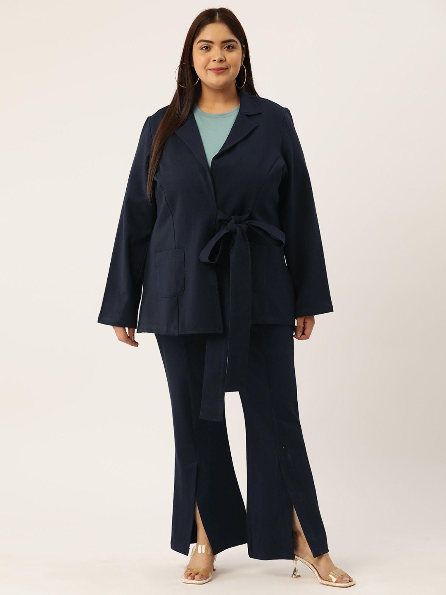 plus size womens navy blue solid color shrug with pleated trouser (set of 2)