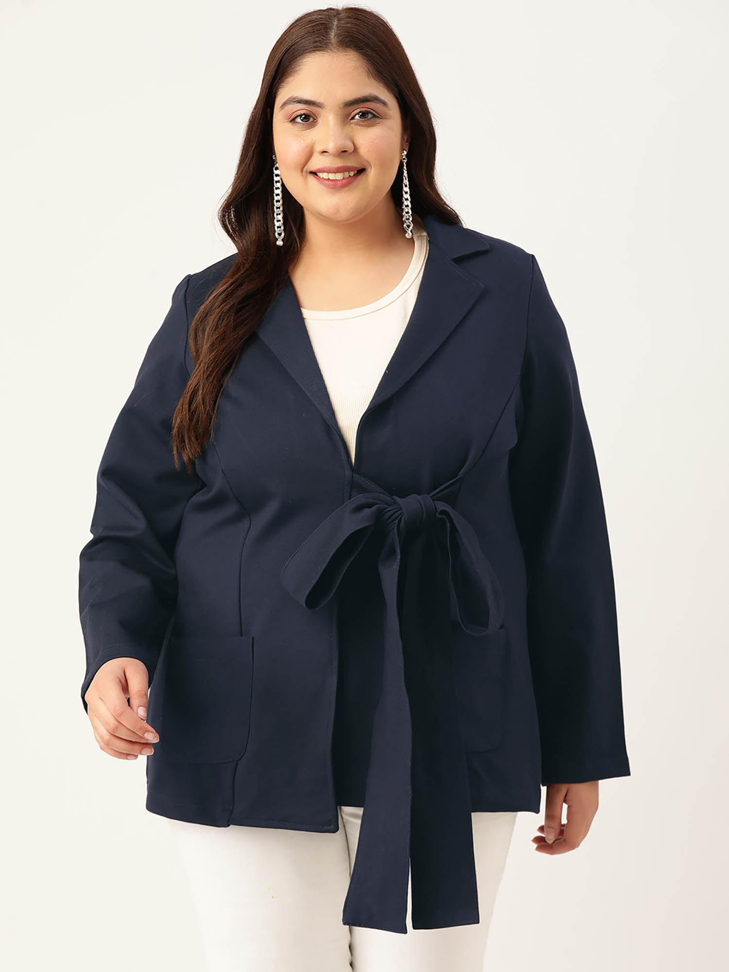 plus size womens navy blue solid color tie-up shrug