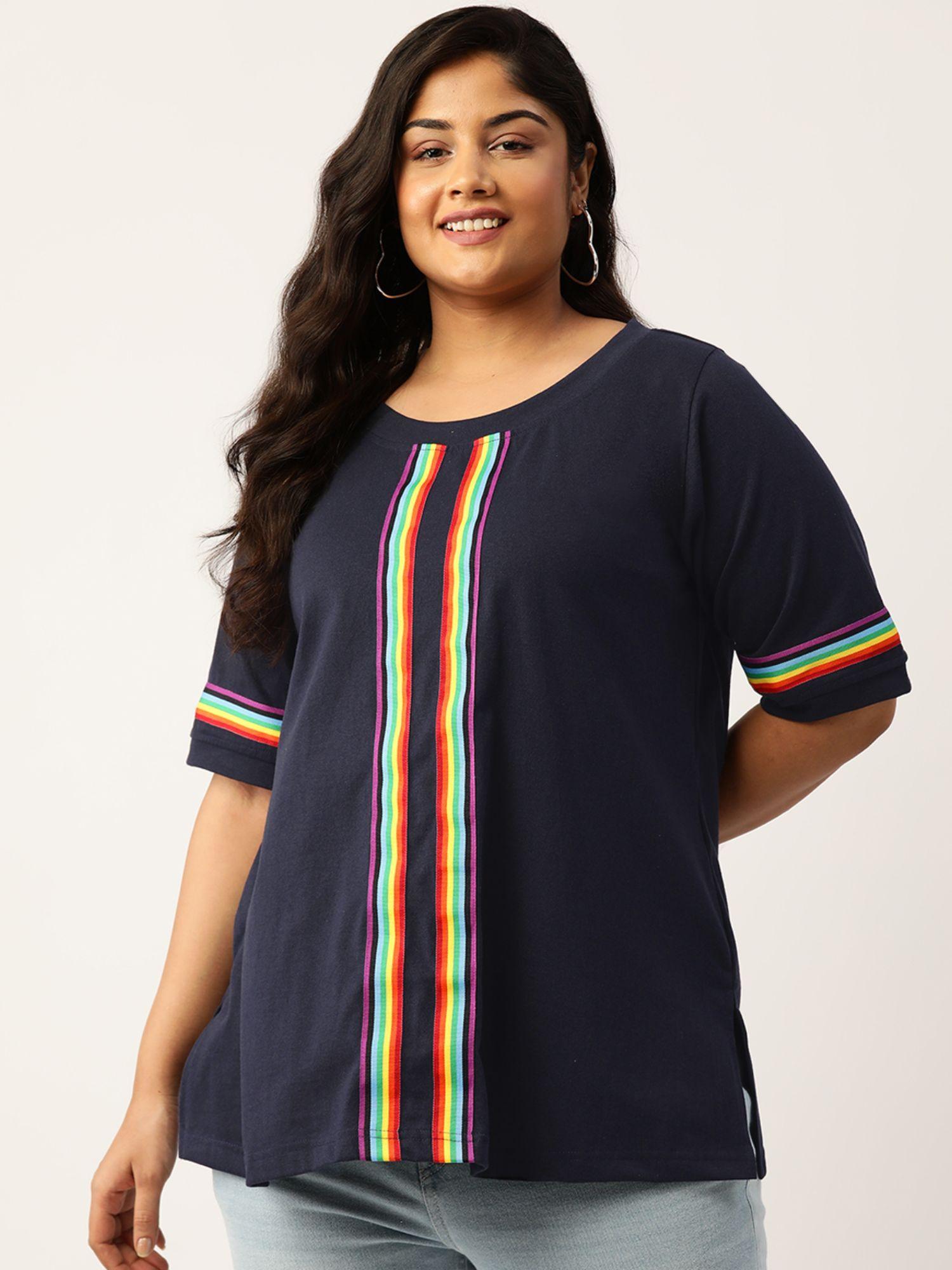 plus size womens navy blue solid color with striped detail cotton t shirt