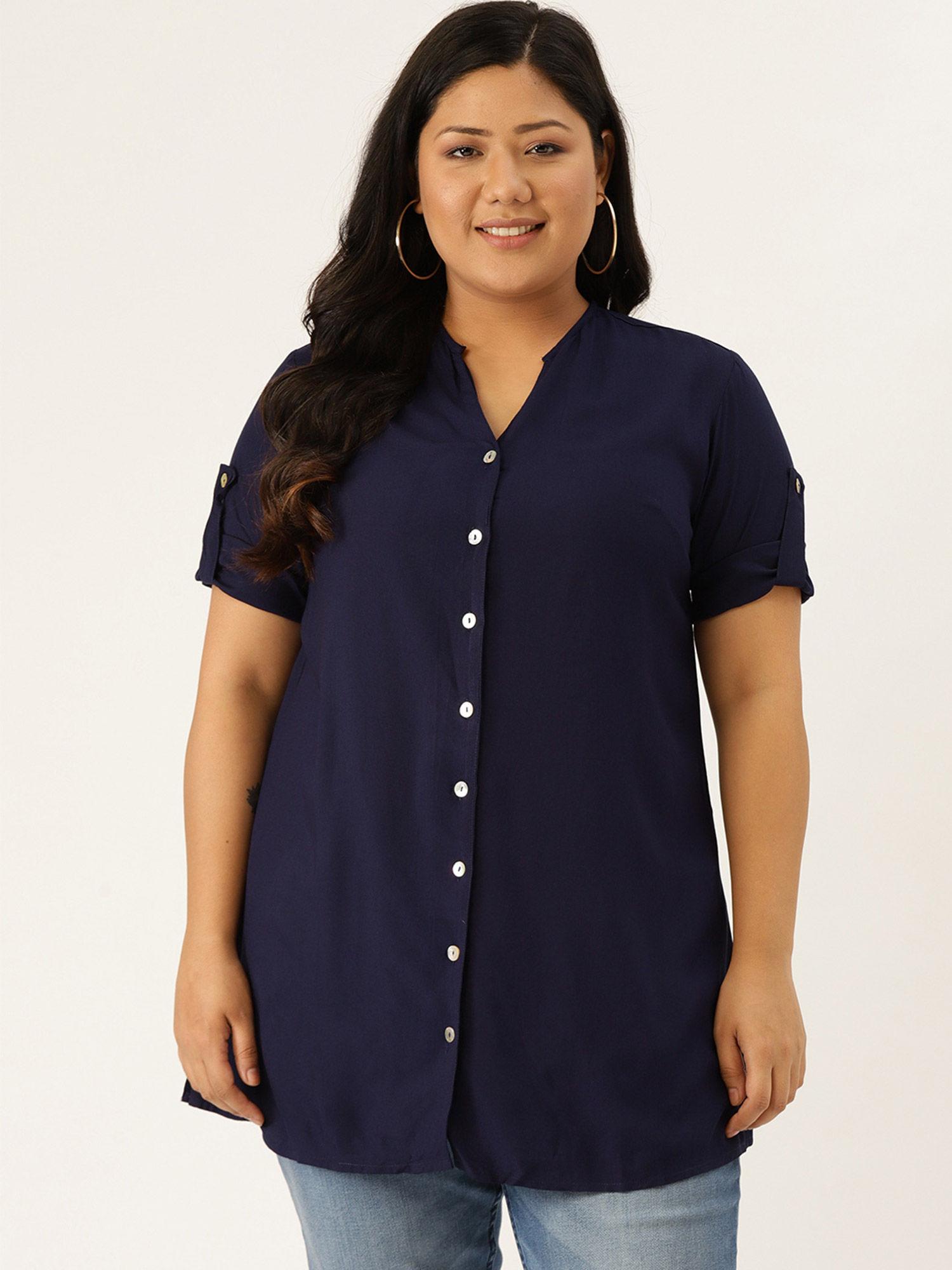 plus size womens navy blue solid colour longline casual shirt