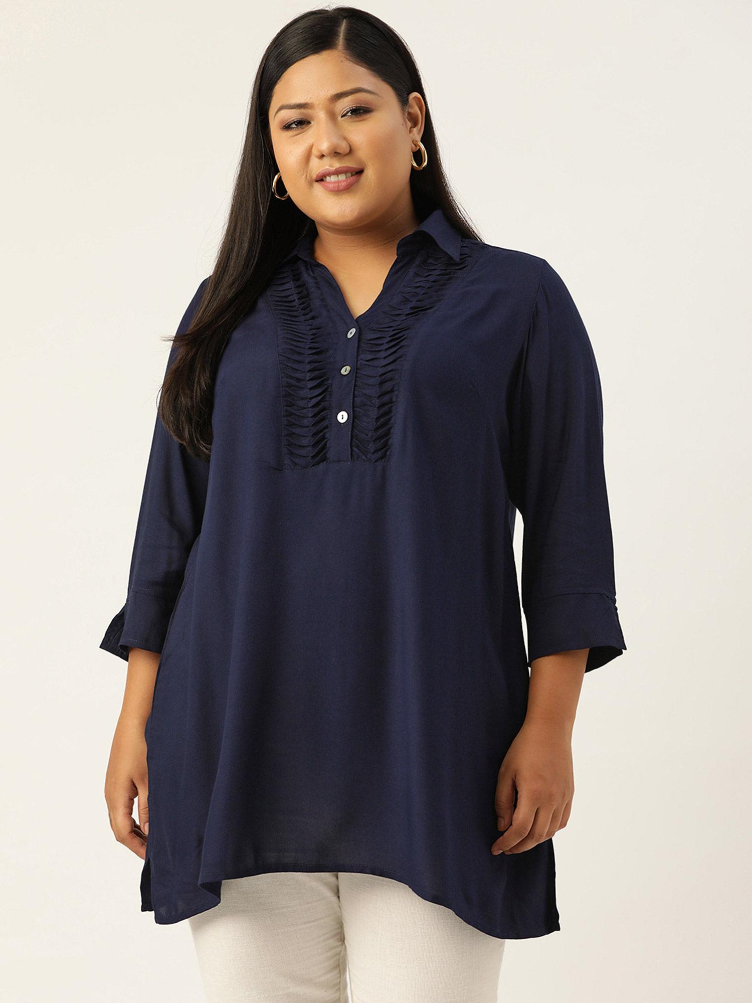 plus size womens navy blue solid colour shirt collar tunic top