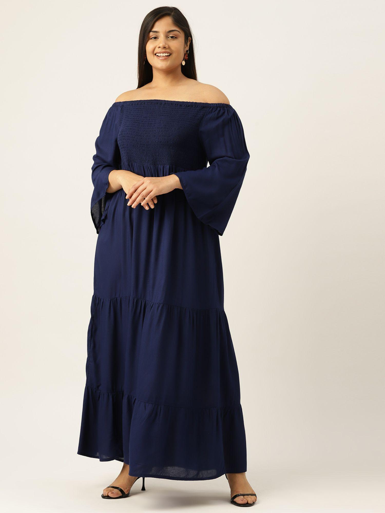 plus size womens navy blue solid off-shoulder maxi dress