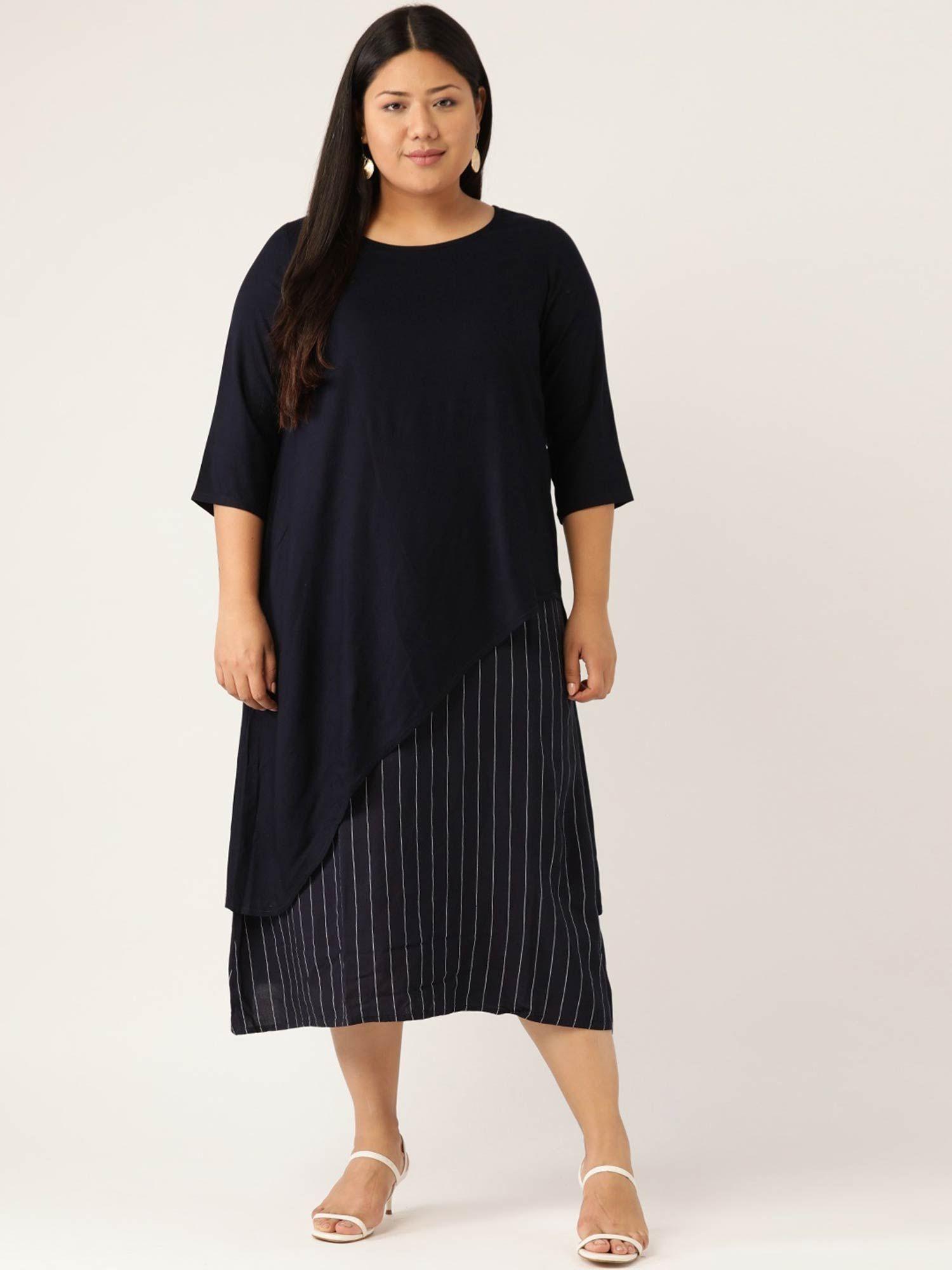 plus size womens navy blue striped layered a-line dress