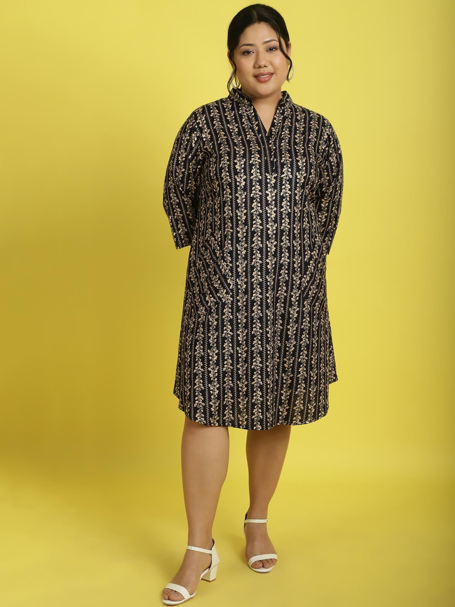 plus size womens navy gold floral printed shirt knee length dress