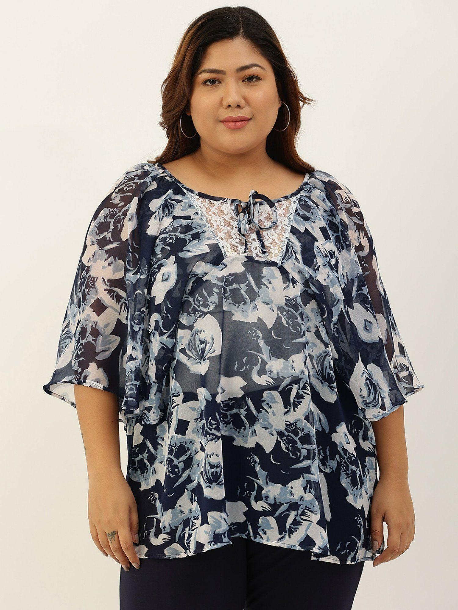 plus size womens navy rose floral print party wear top