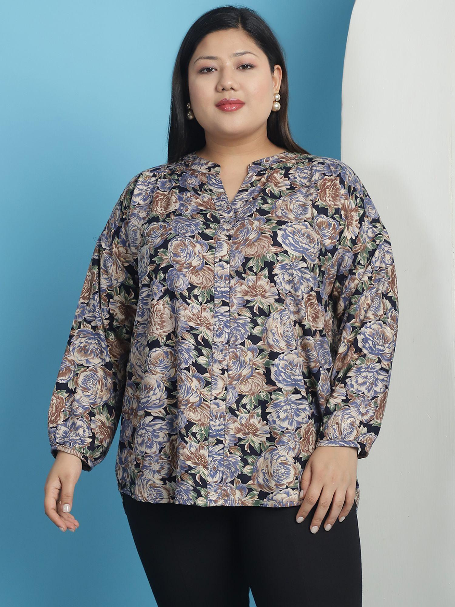 plus size womens navy rose floral printed mandarin collar tunic