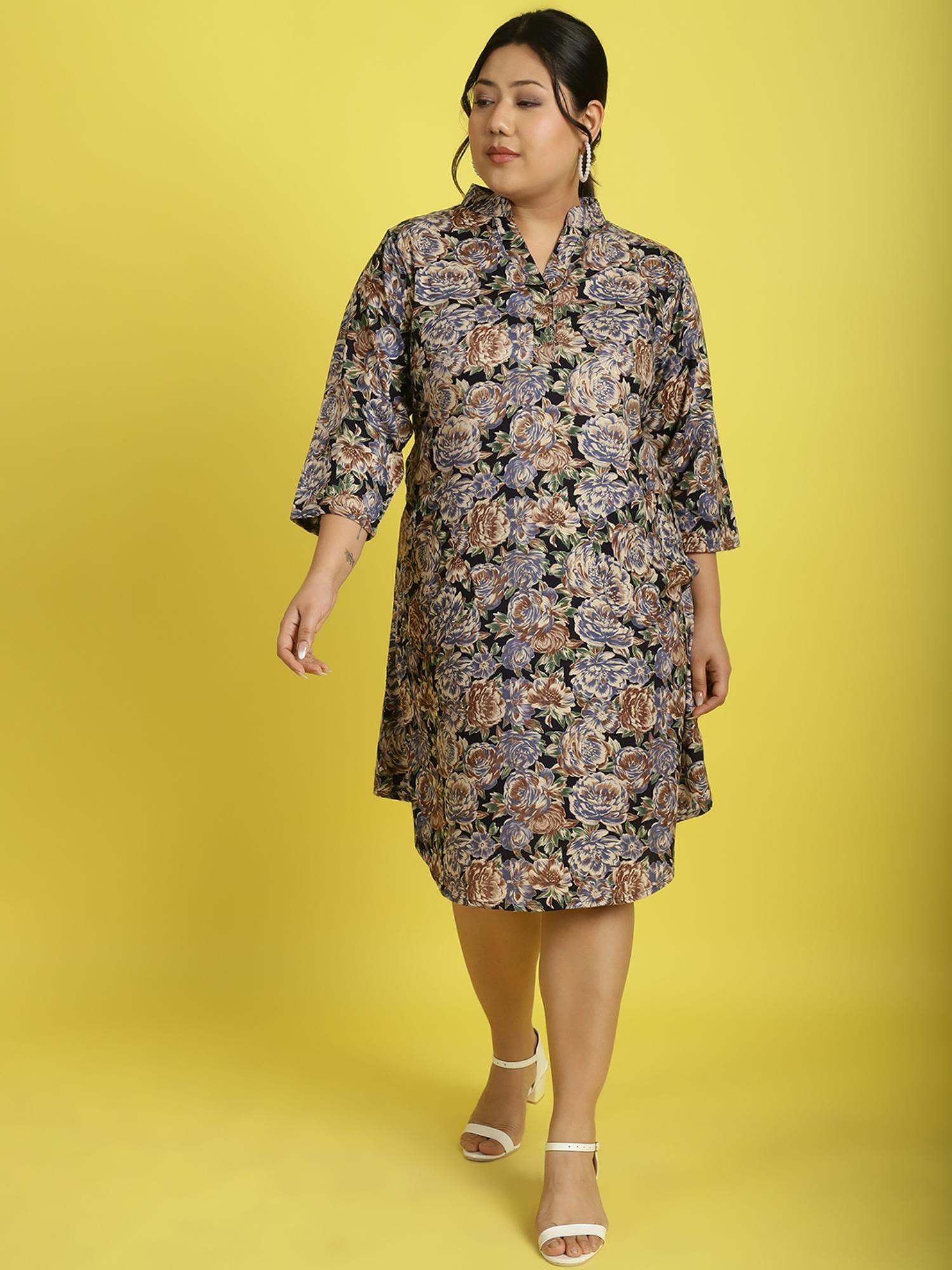 plus size womens navy rose floral printed shirt knee length dress