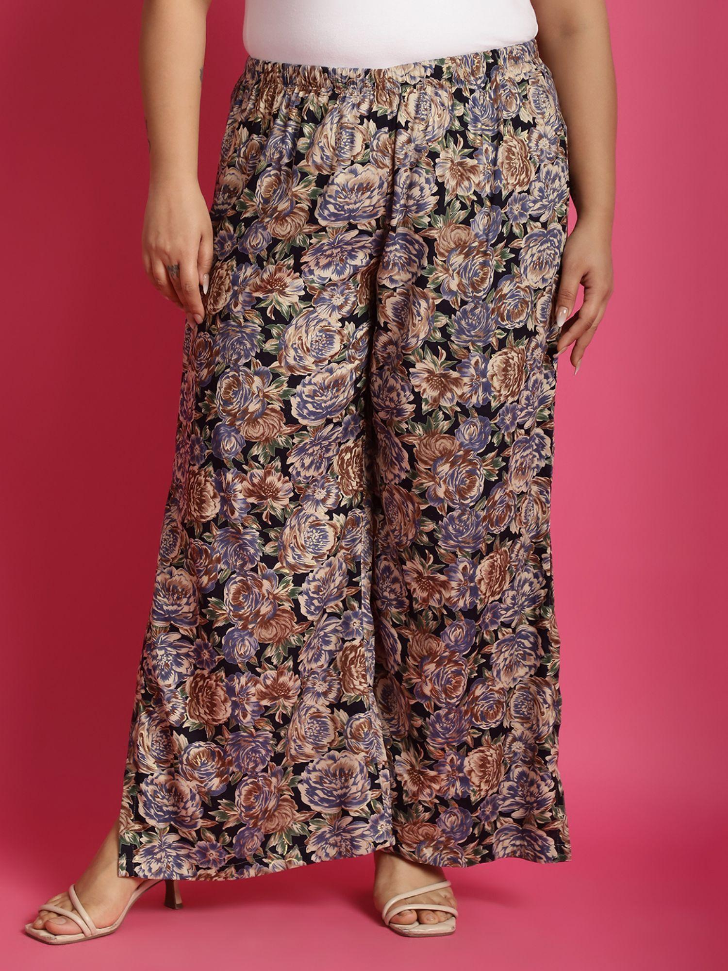 plus size womens navy rose floral printed wide leg palazzos