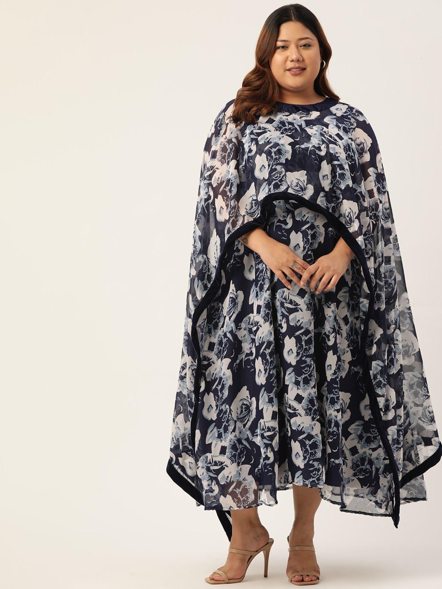 plus size womens navy rose printed georgette party wear dress (set of 2)