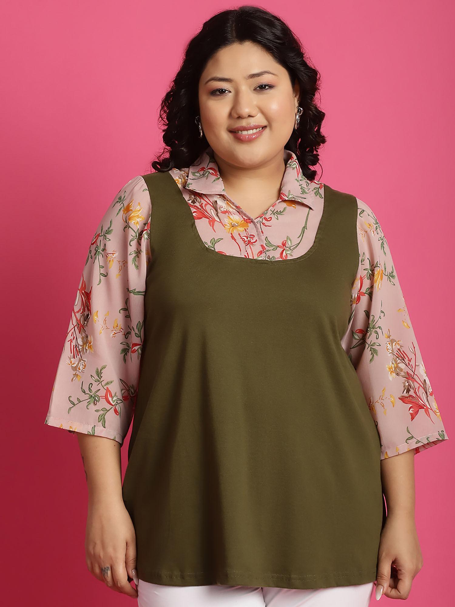 plus size womens olive, red & pink floral printed top