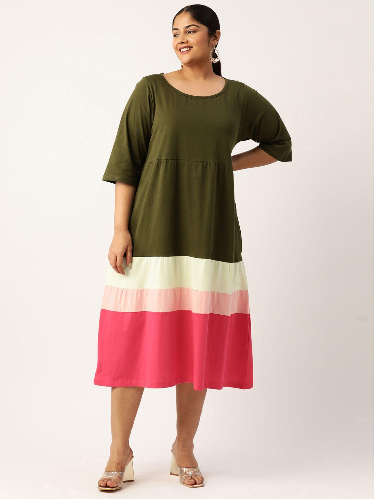 plus size womens olive colourblocked a line midi cotton dress