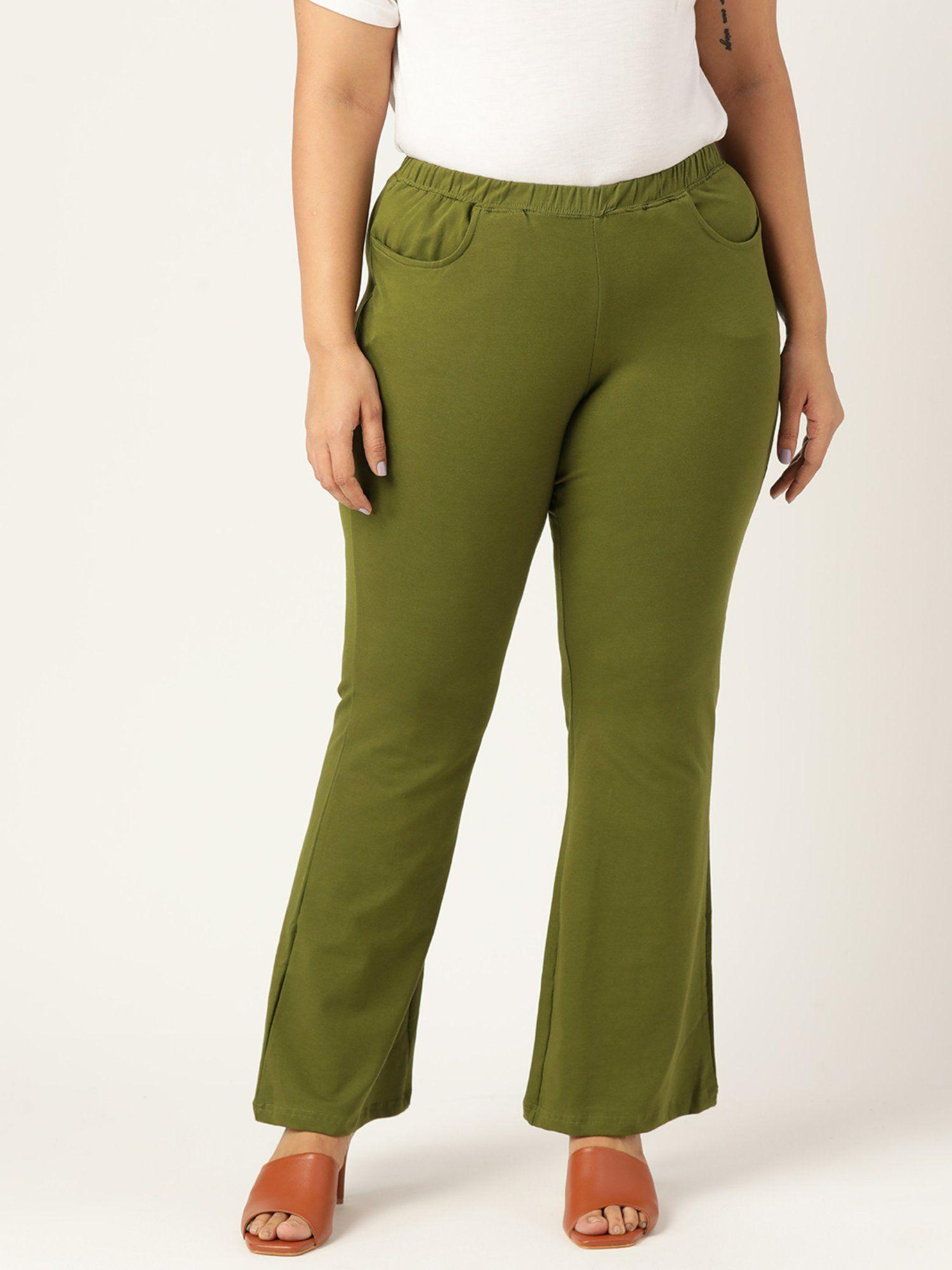 plus size womens olive green solid color elastic waist cotton knitted trouser