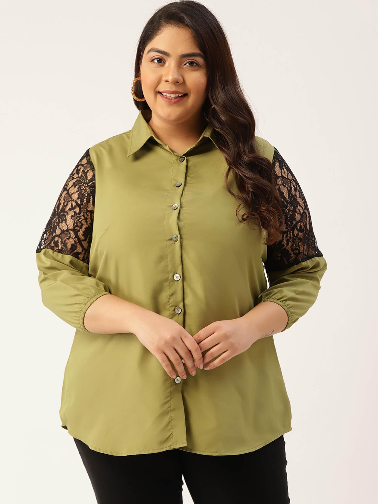 plus size womens olive green solid color lace detail shirt